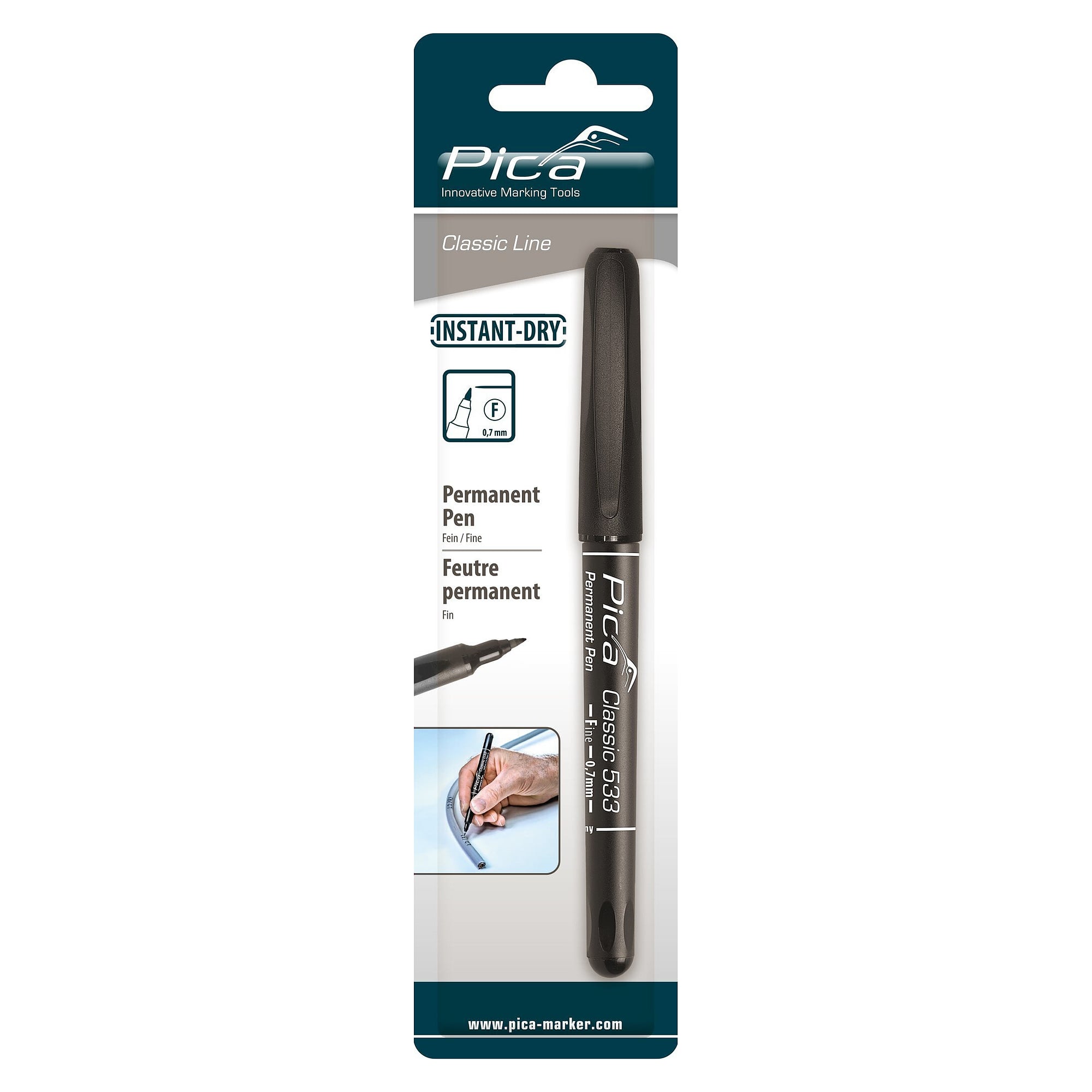 Permanent-Pen schwarz mit Rundspitze F, Strichbreite 0,7 mm, wasserfest, im Blister - Pica 533/46/SB