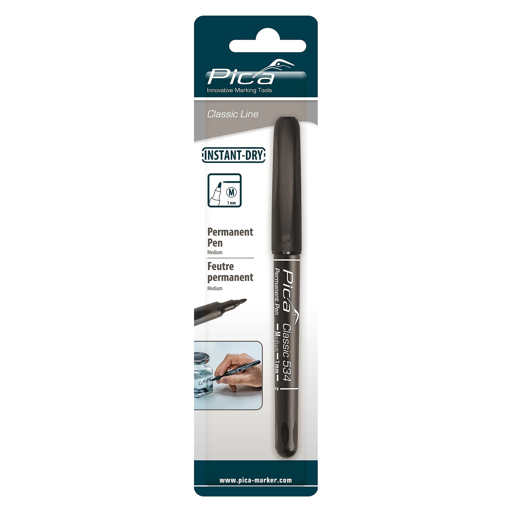 Permanent-Pen schwarz mit Rundspitze M, Strichbreite 1,0 mm, wasserfest, im Blister - Pica 534/46/SB
