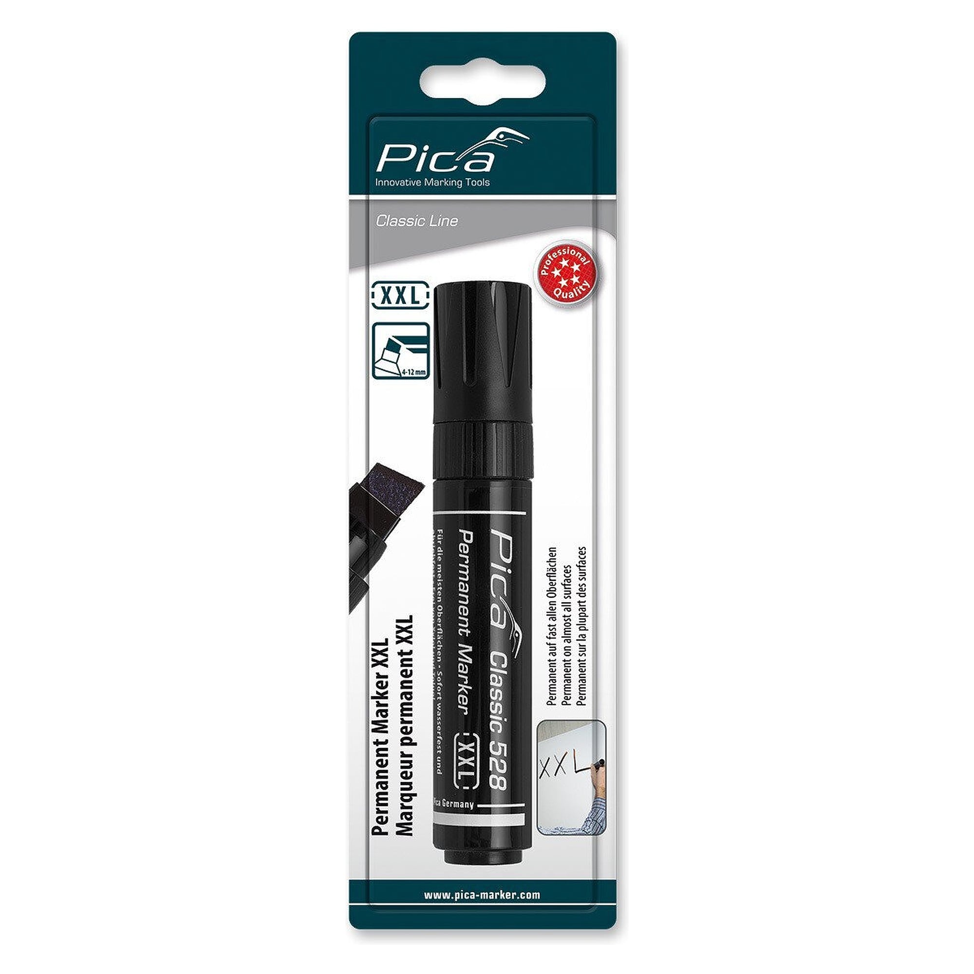 Permanentmarker XXL schwarz mit Keilspitze, Strichbreite 4 bis 12 mm, wasserfest, im Blister - Pica 528/46/SB