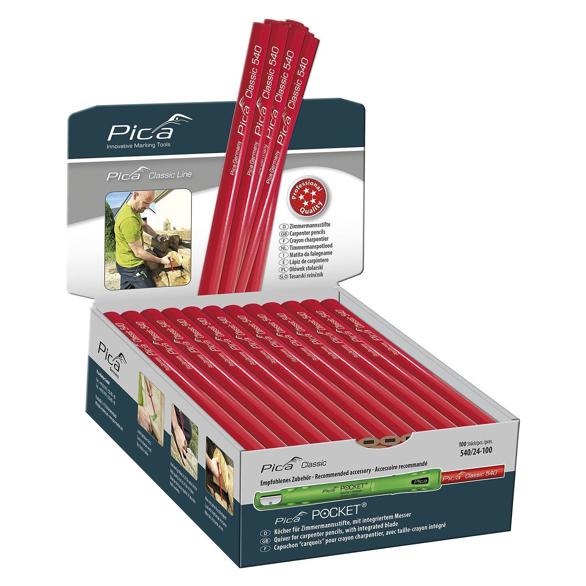 Carpenter's pencil oval 24 cm, graphite lead 2H, 100 pieces in display box - Pica 540/24-100