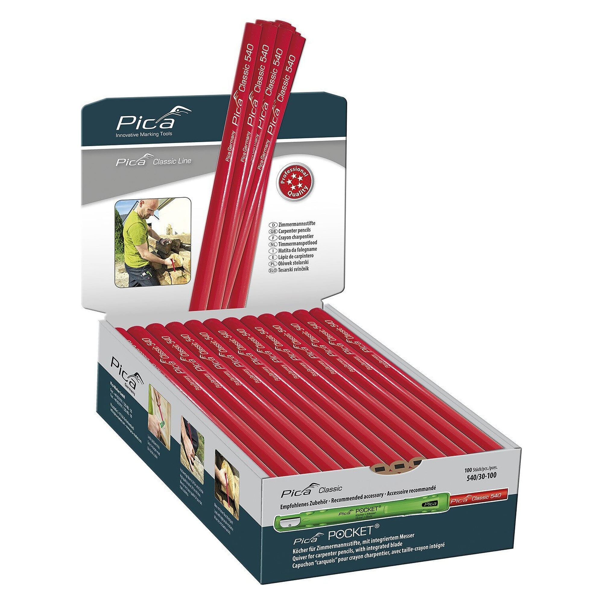 Carpenter's pencil oval 30 cm, graphite lead 2H, 100 pieces in display box - Pica 540/30-100