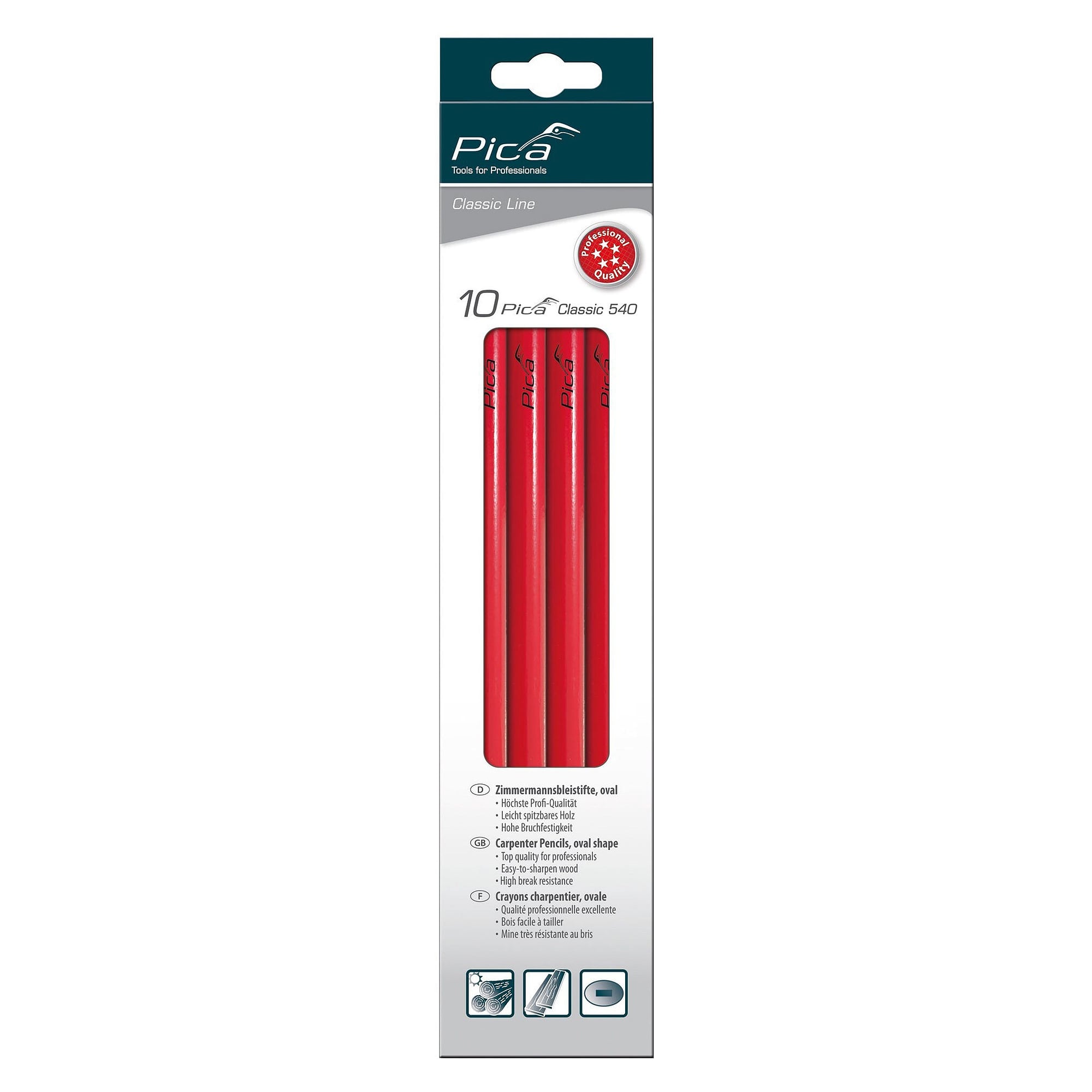 Carpenter's pencil oval 30 cm, graphite lead 2H, 10 pieces in hangable box - Pica 540/30-10