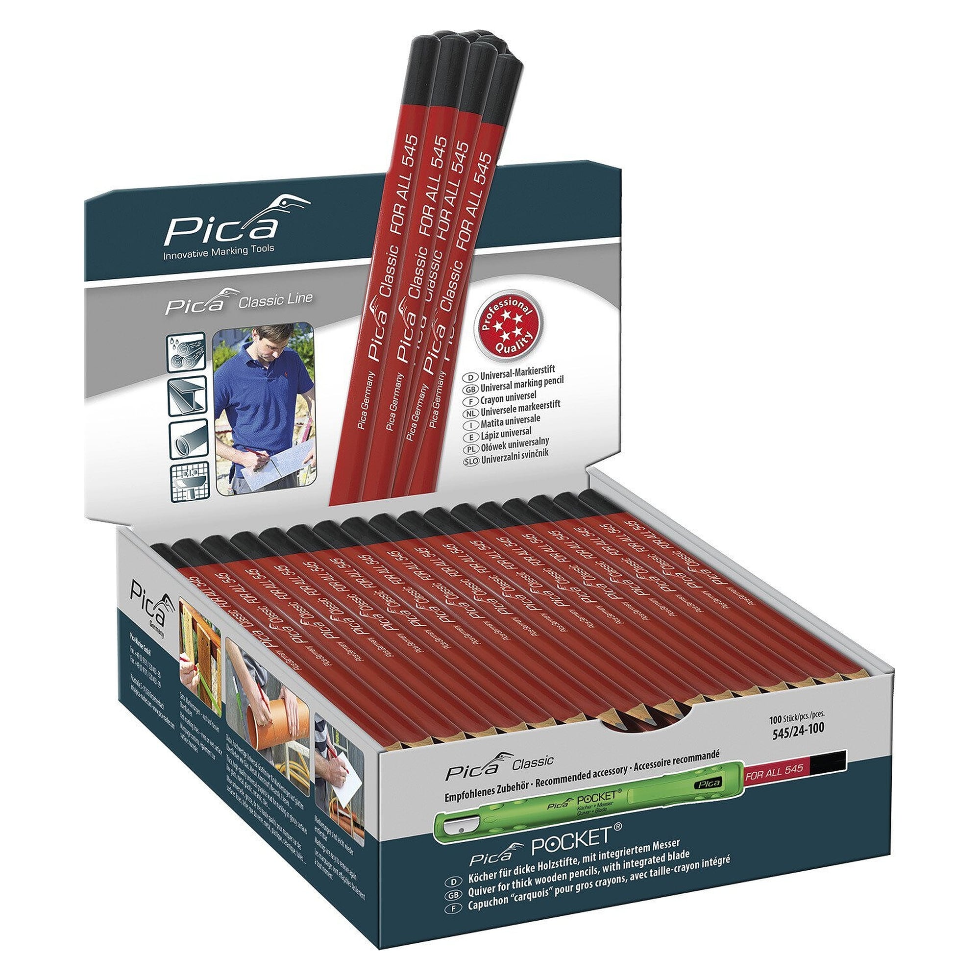 FOR ALL universal marking pencil graphite 23 cm for smooth and wet surfaces, display box of 100 - Pica 545/24-100