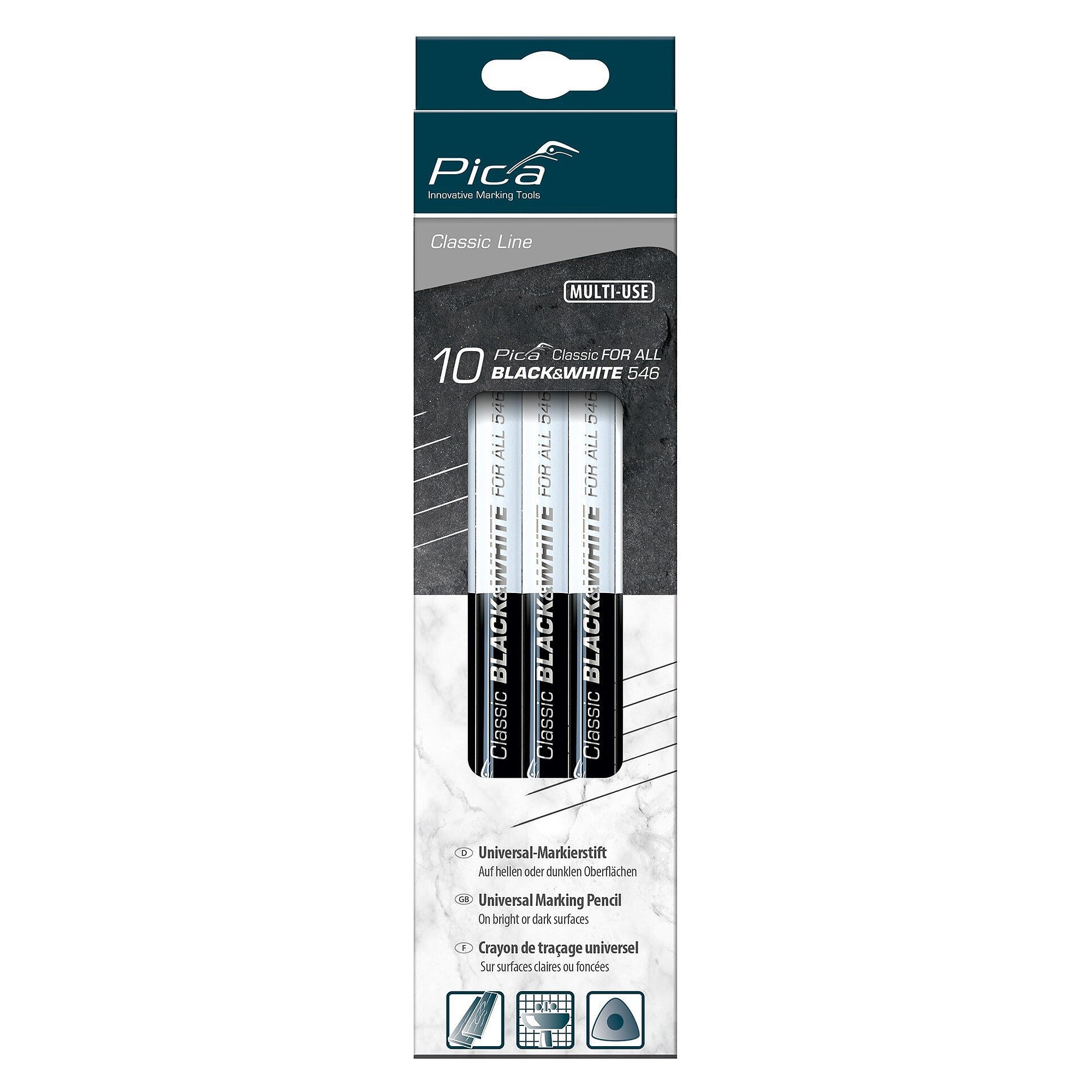 FOR ALL Black&White universal marking pencil, graphite 2B and white, 23 cm, hangable box of 10 - Pica 546/24-10