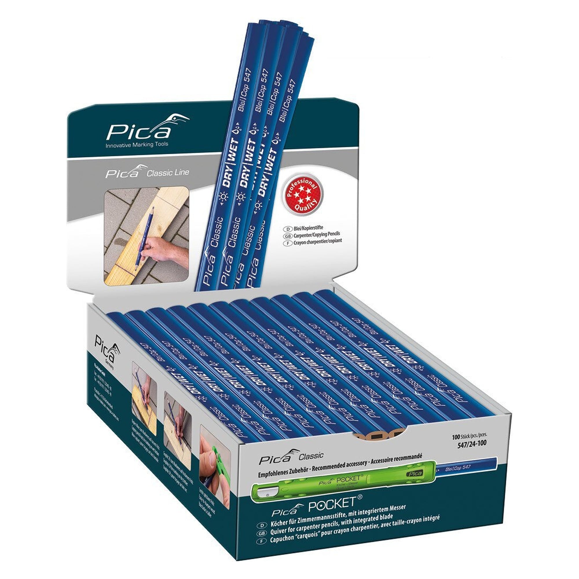 dry&wet pencil and copying pencil 24 cm for dry and wet timber, box of 100 - Pica 547/24-100