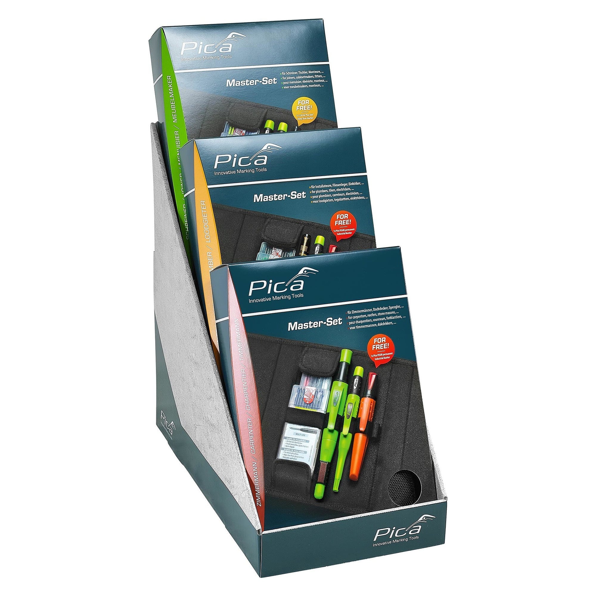 Master Sets starter pack with step display, 4 each Joiner, Plumber, Carpenter - Pica 55050