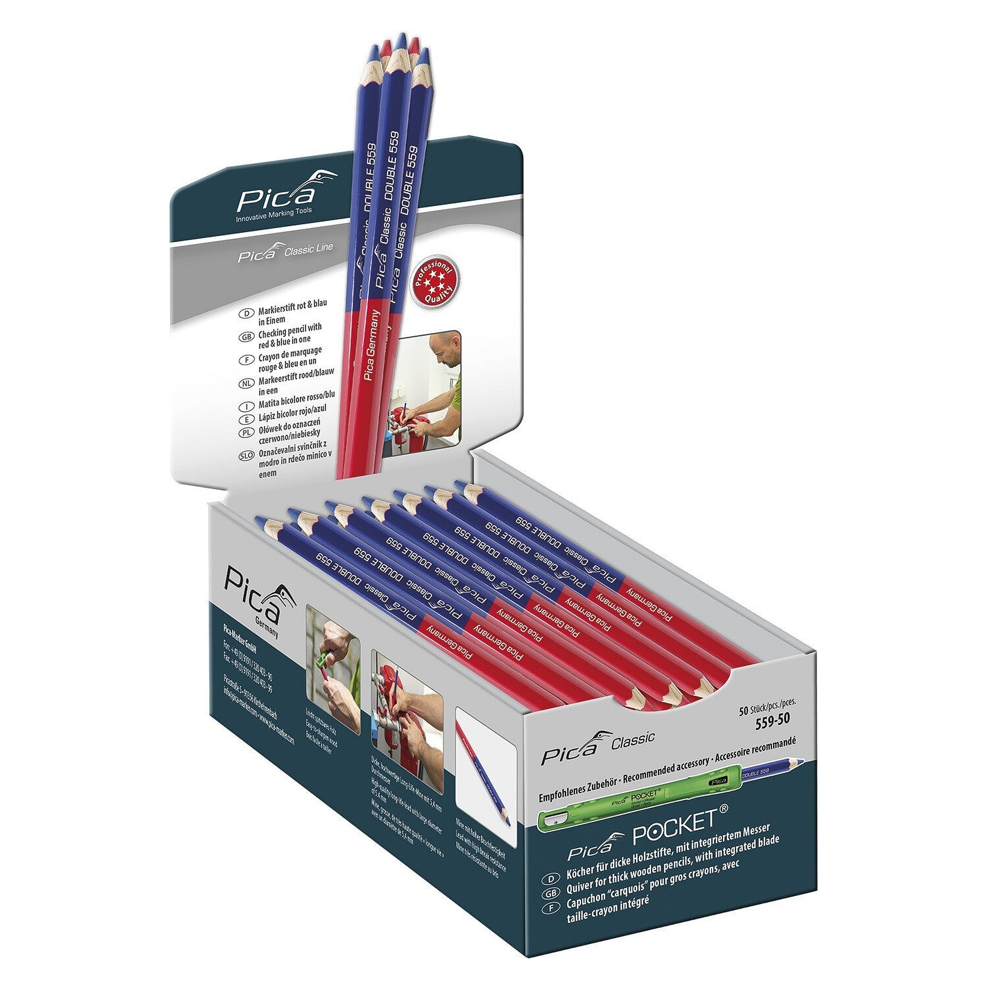 DOUBLE marking pencil red and blue in one, 17.5 cm, sharpened at both ends, display box of 50 - Pica 559-50