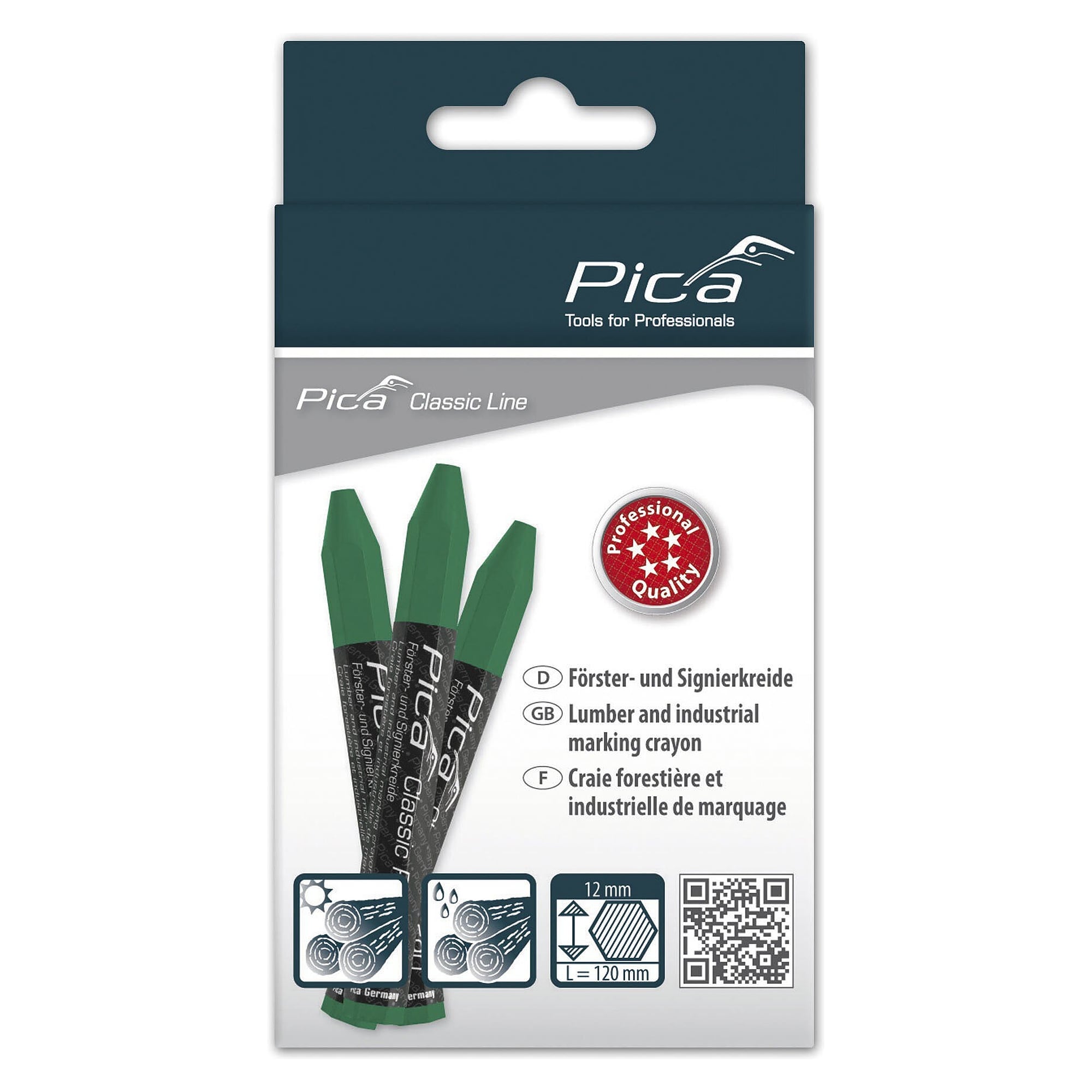 Forester's chalk PRO green, hexagonal 12 x 120 mm, for dry and wet wood, box of 12 - Pica 590/36