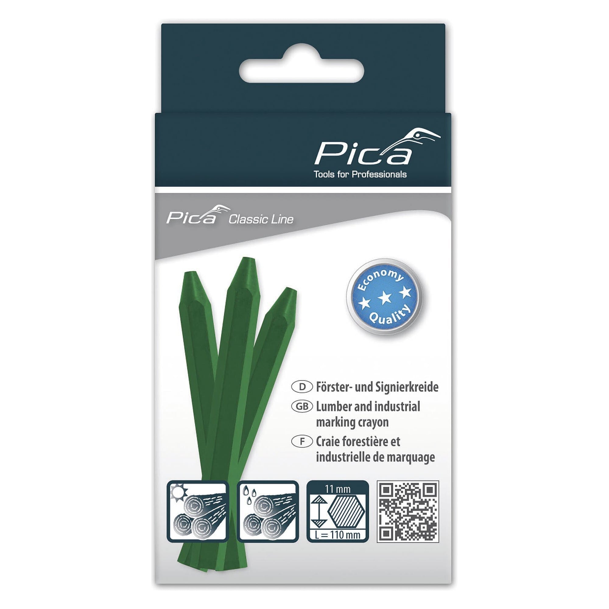 Signierkreide ECO grün, sechseckig Ø 11 x 110 mm, extrudiert und bruchfest, 12 Stück - Pica 591/36