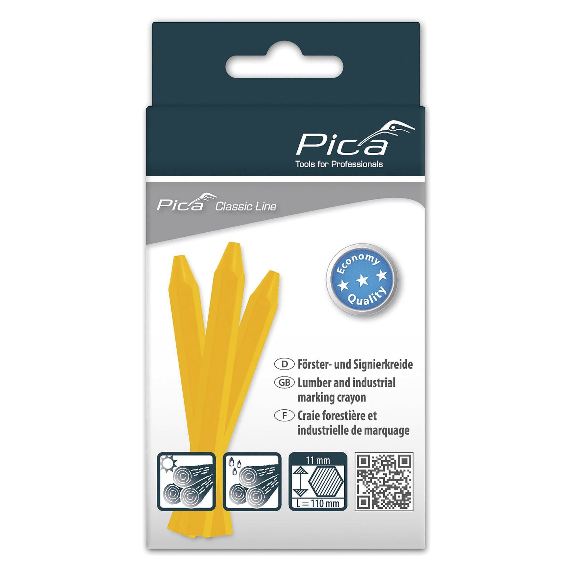 Signierkreide ECO gelb, sechseckig Ø 11 x 110 mm, extrudiert und bruchfest, 12 Stück - Pica 591/44
