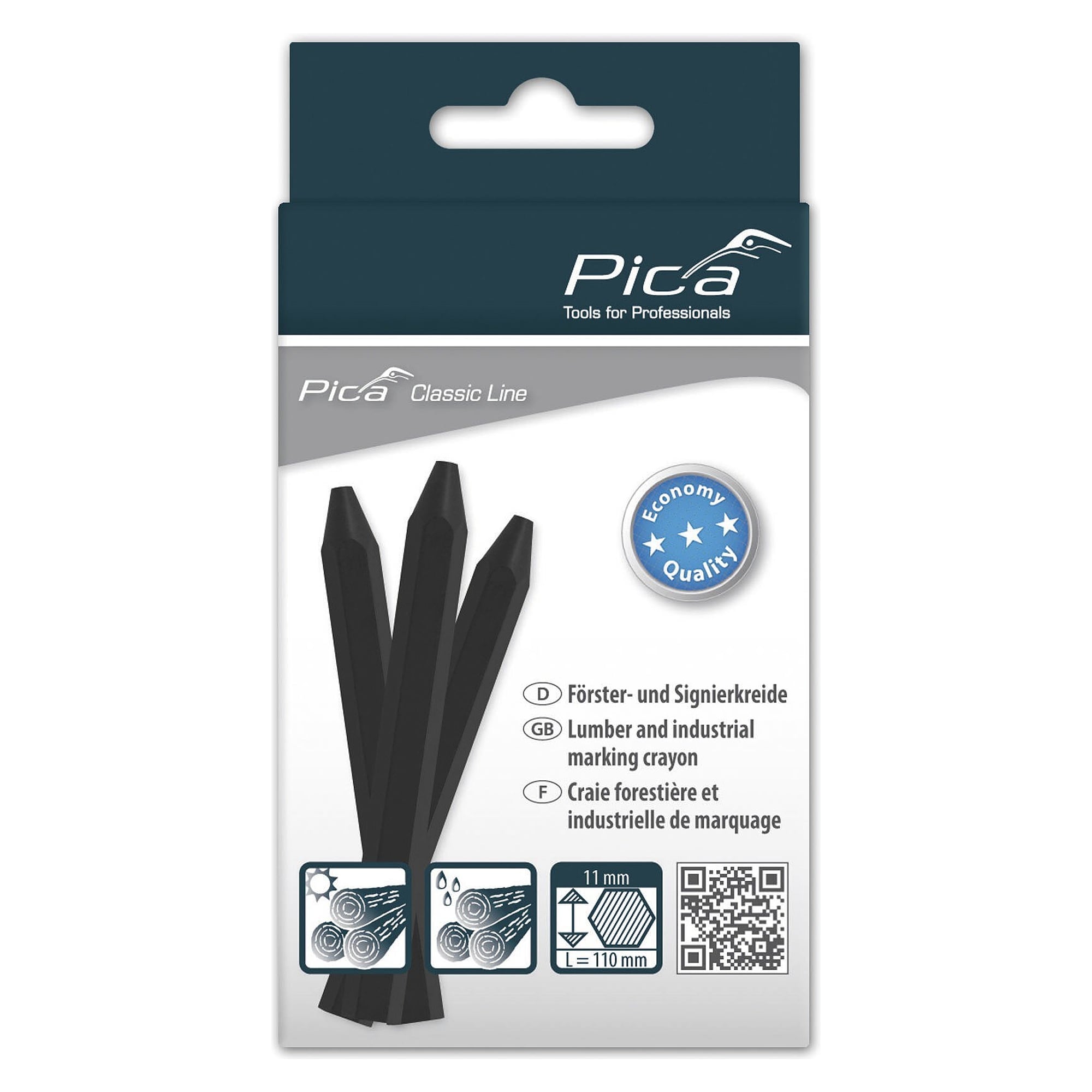 Signierkreide ECO schwarz, sechseckig Ø 11 x 110 mm, extrudiert und bruchfest, 12 Stück - Pica 591/46