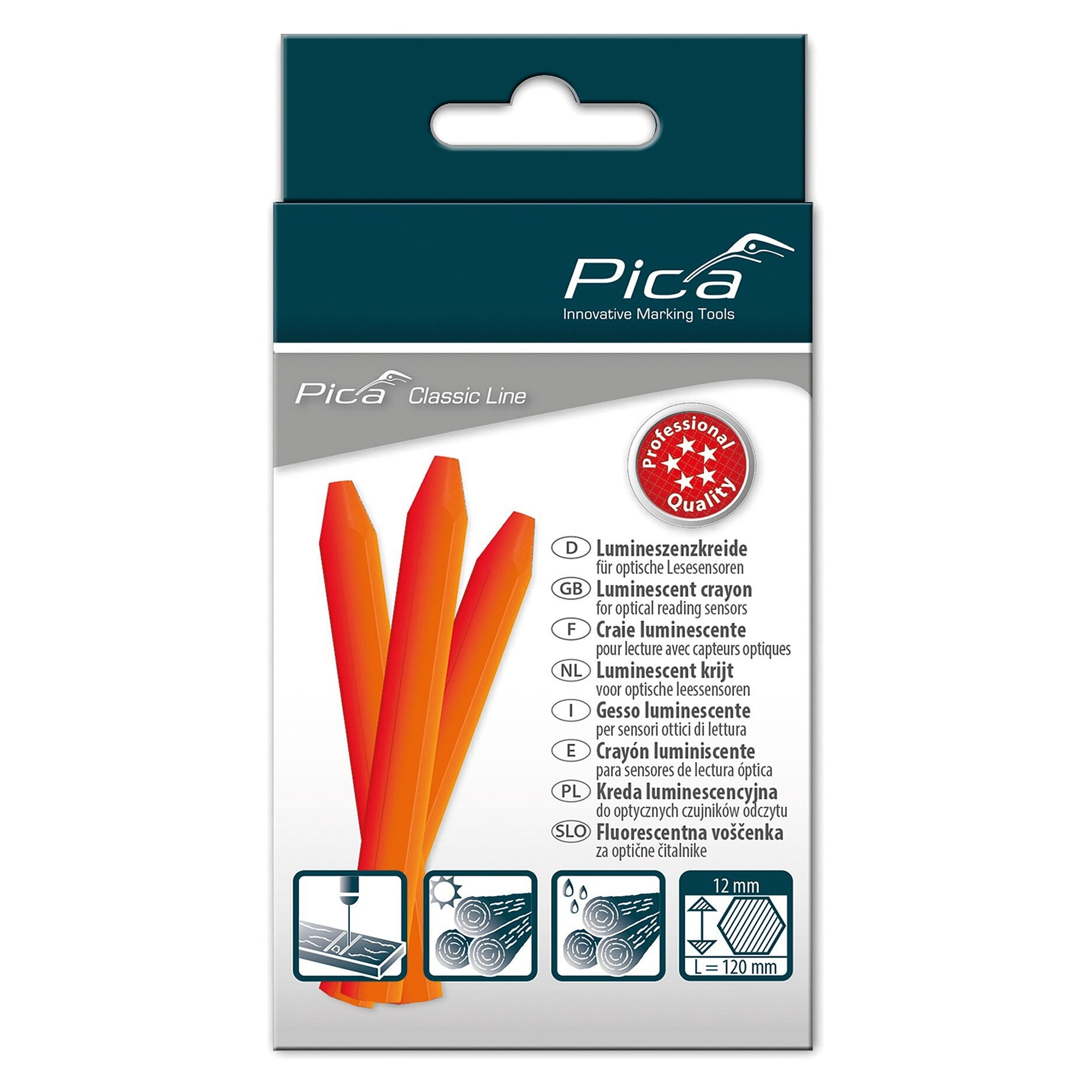 Lumineszenzkreide PRO leuchtorange, Ø 12 x 120 mm, für optische Lesesensoren, 12er-Box - Pica 592/054