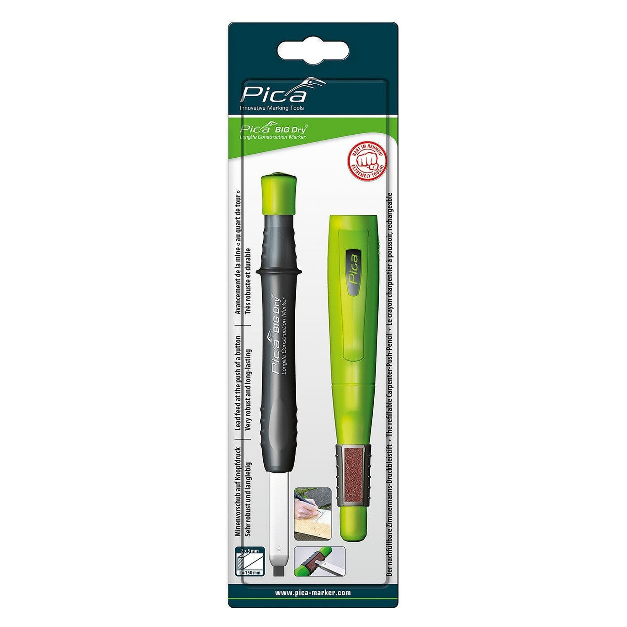 BIG DRY construction marker with automatic lead feed and lead sharpener, graphite, blister - Pica 6060/SB