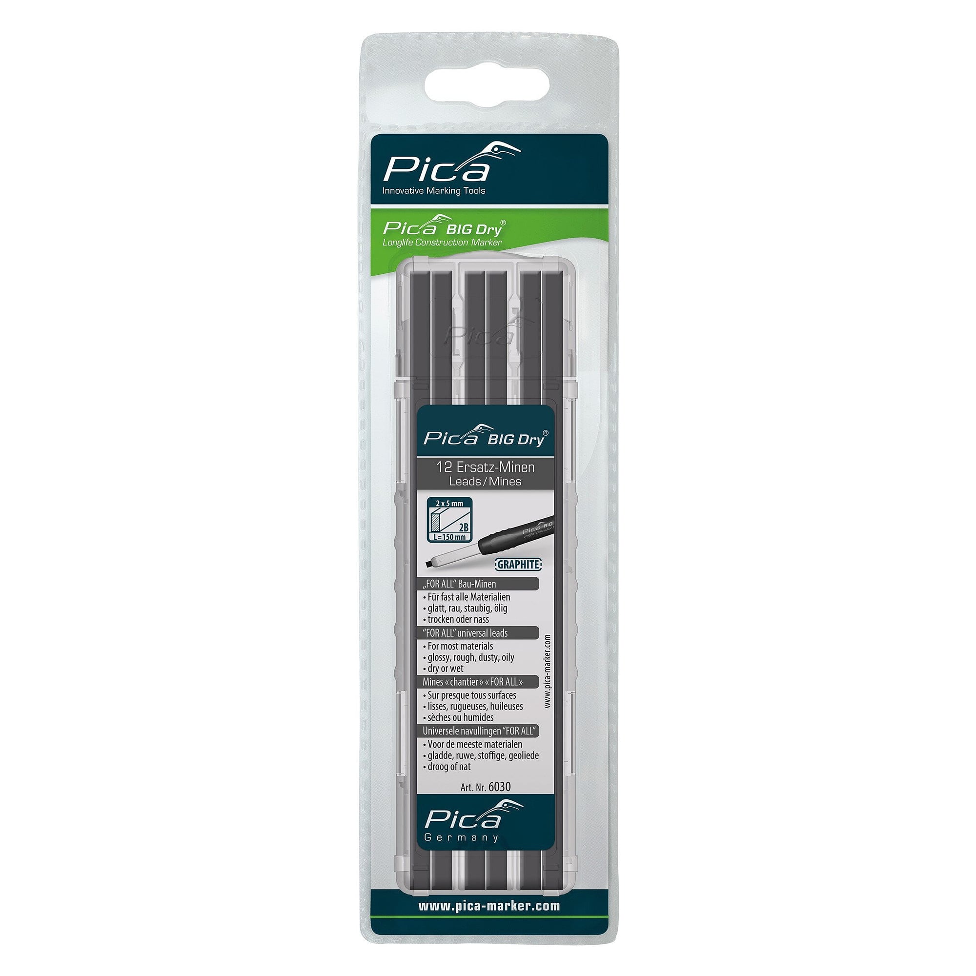 Ersatzminen FOR ALL Graphit 2 x 5 mm für BIG DRY Marker, 12 Stück im Etui, Blister - Pica 6030/SB