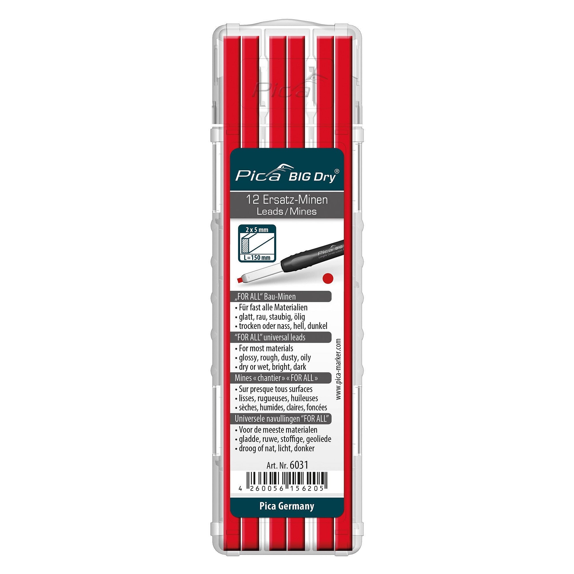 Ersatzminen FOR ALL rot 2 x 5 mm für BIG DRY Marker, 12 Stück im Etui - Pica 6031
