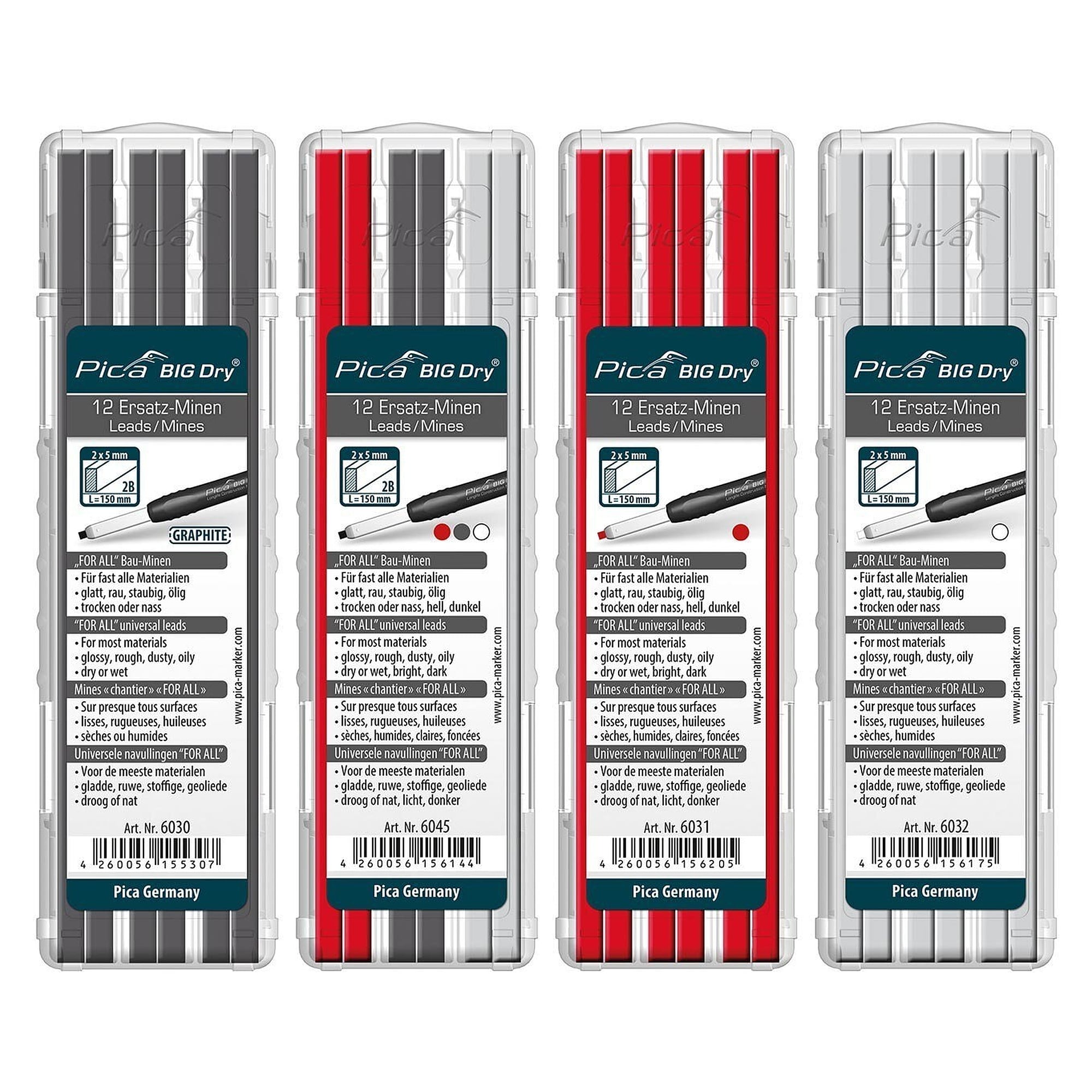 Ersatzminen-Set FOR ALL für BIG DRY Marker, je 4 Minen graphit, rot und weiß, im Etui - Pica 6045