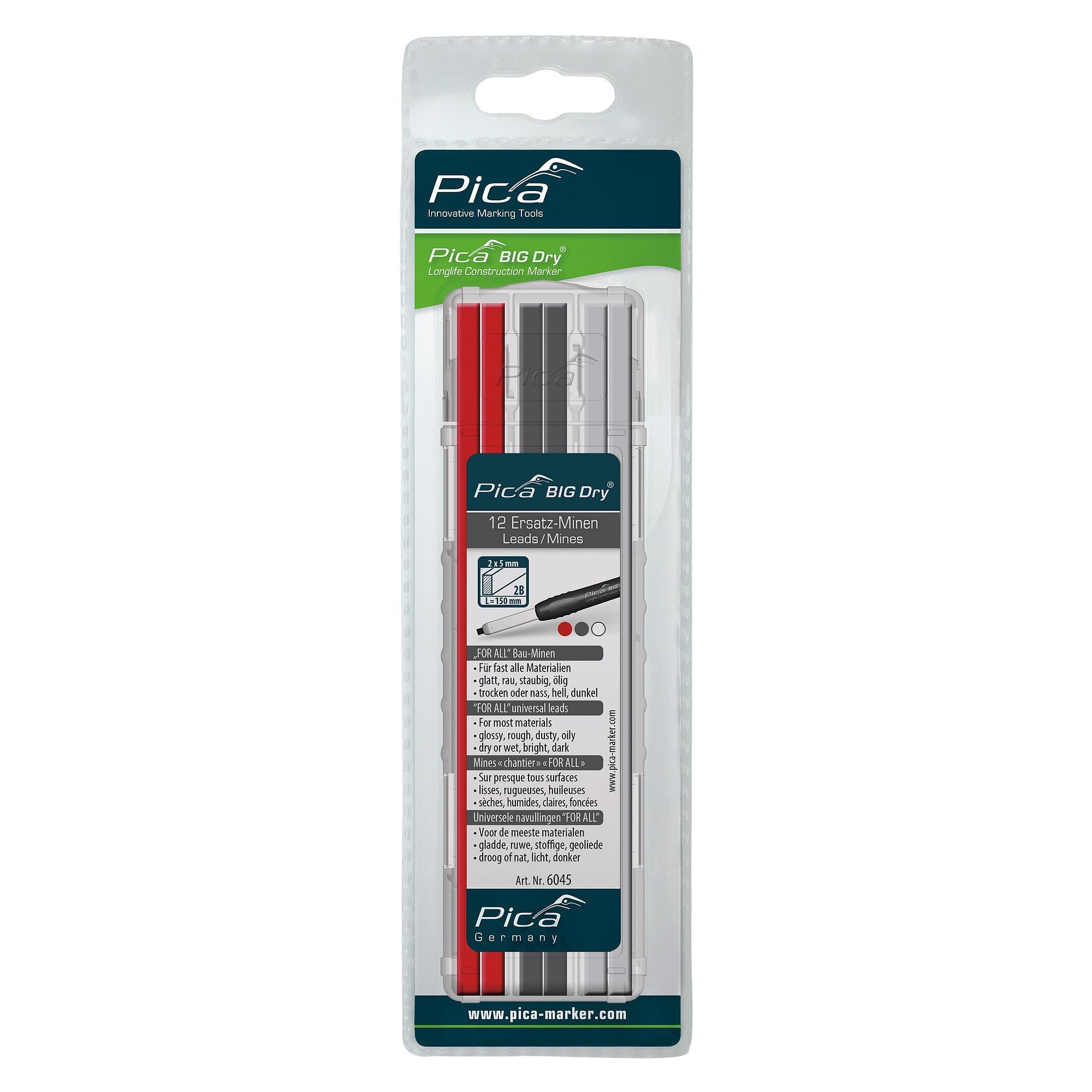 FOR ALL refill lead set for BIG DRY marker, 4 each graphite, red and white, blister - Pica 6045/SB