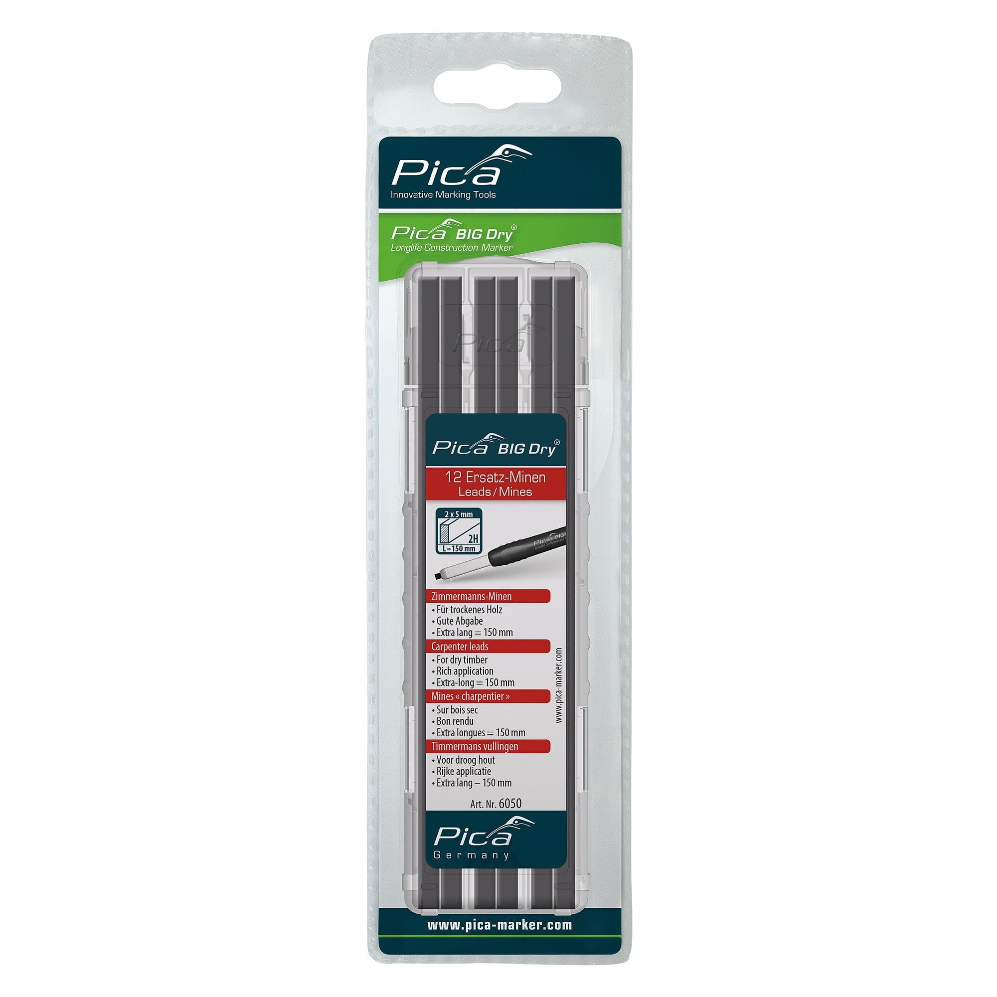 Ersatzminen-Set Zimmermann Graphit 2H für Pica BIG DRY, 12 Rechteckminen 2 x 5 mm, im Blister - Pica 6050/SB