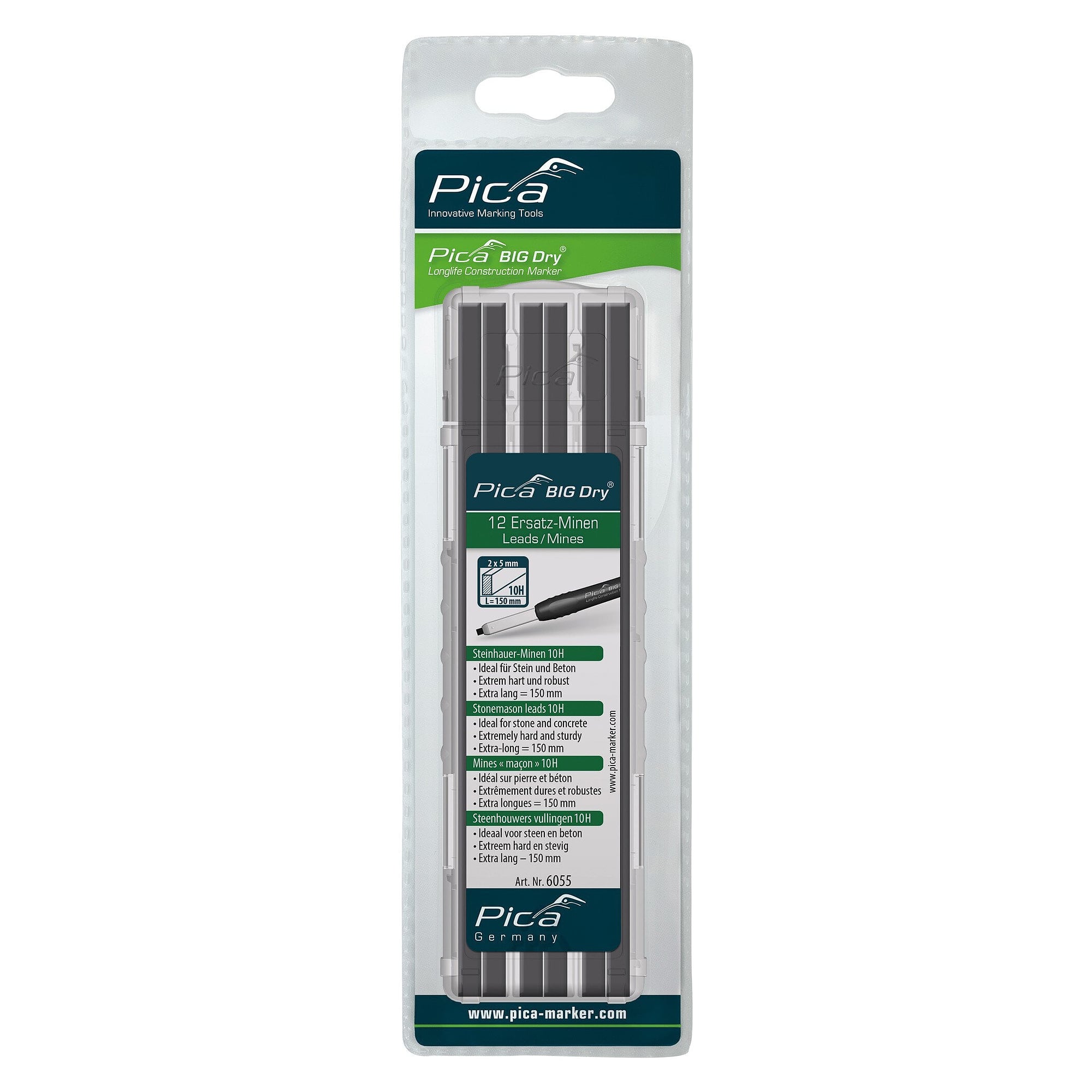 Ersatzminen-Set Steinhauer Graphit 10H für Pica BIG DRY, für Stein und Beton, im Blister - Pica 6055/SB