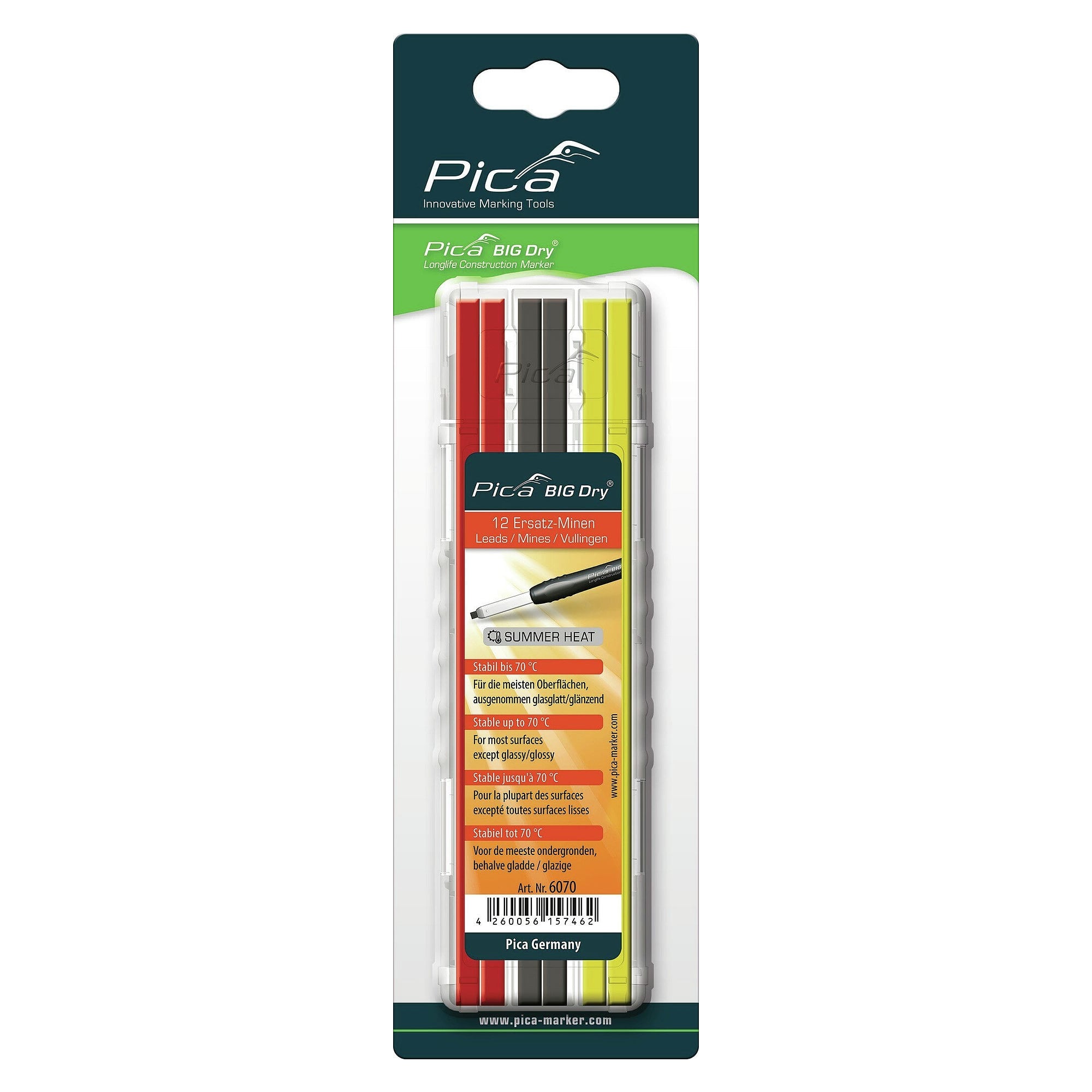 Ersatzminen-Set SUMMER HEAT für Pica BIG DRY, wasserfest, bis 70 °C, Graphit, Rot, Gelb, im Blister - Pica 6070/SB