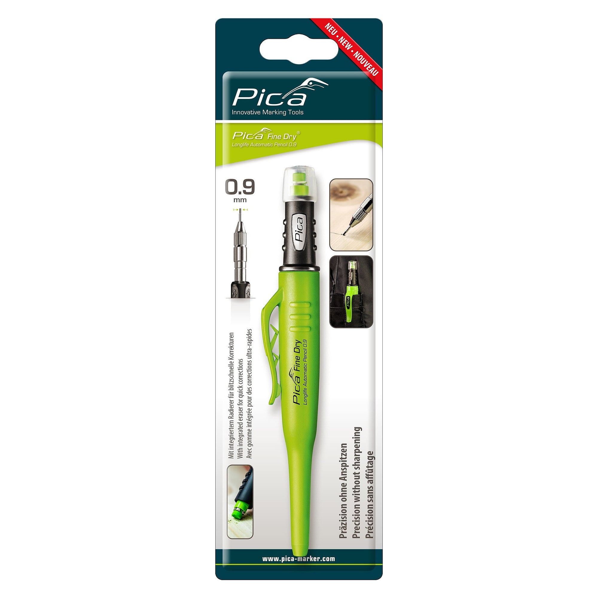 Feinminen-Druckbleistift Fine-Dry 0,9 mm mit Radierer und Clip, graphit, Blister - Pica 7070/SB