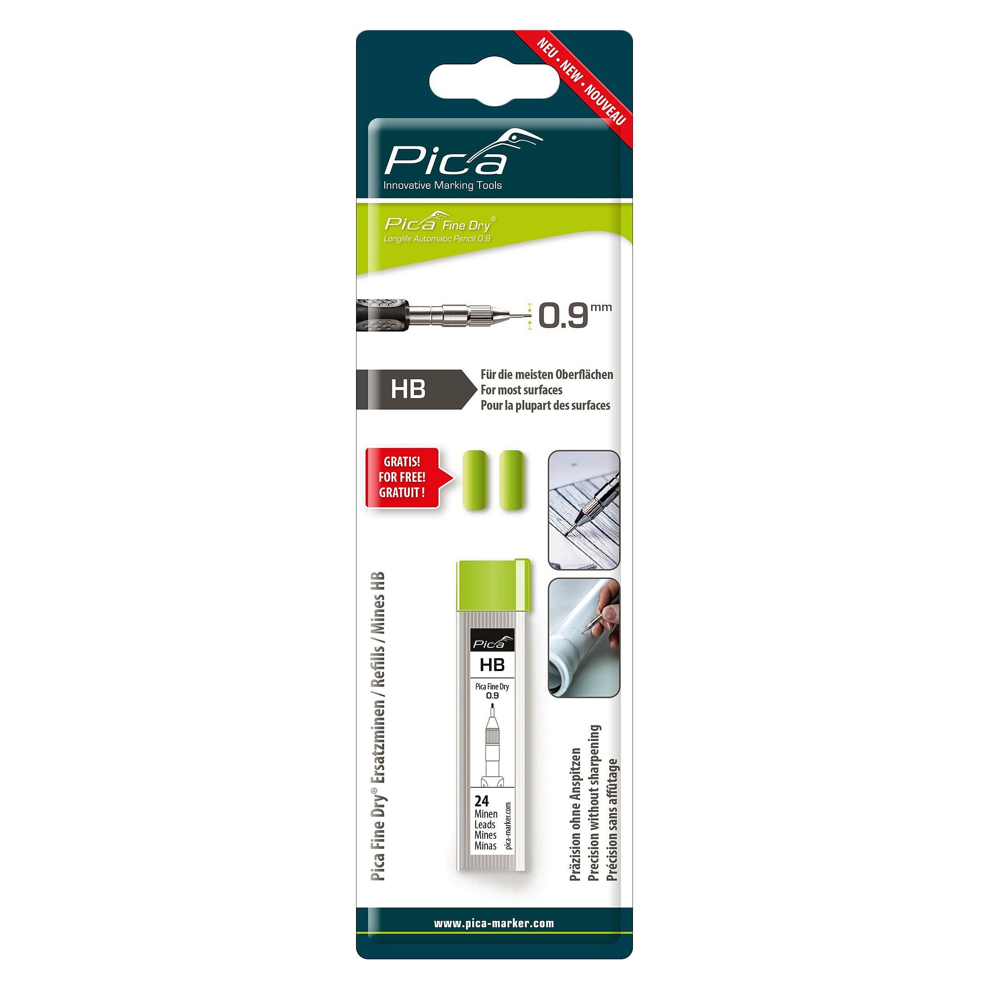 Fine-Dry refill set, 24 graphite leads HB, blister with lead box and 2 spare erasers - Pica 7030/SB