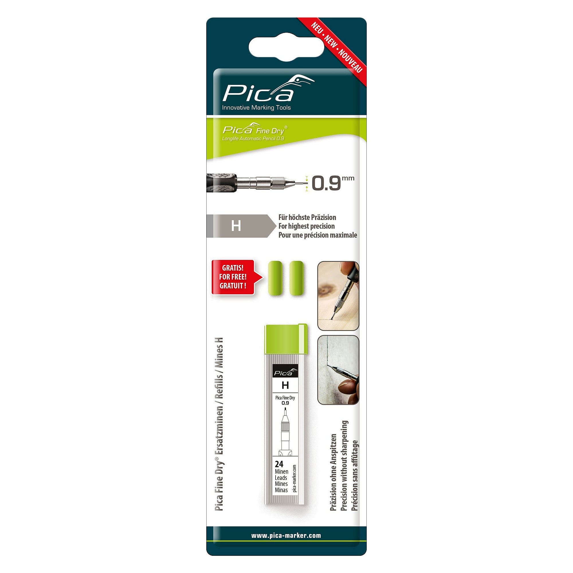 Fine-Dry refill set, 24 graphite leads H, blister with lead box and 2 spare erasers - Pica 7050/SB