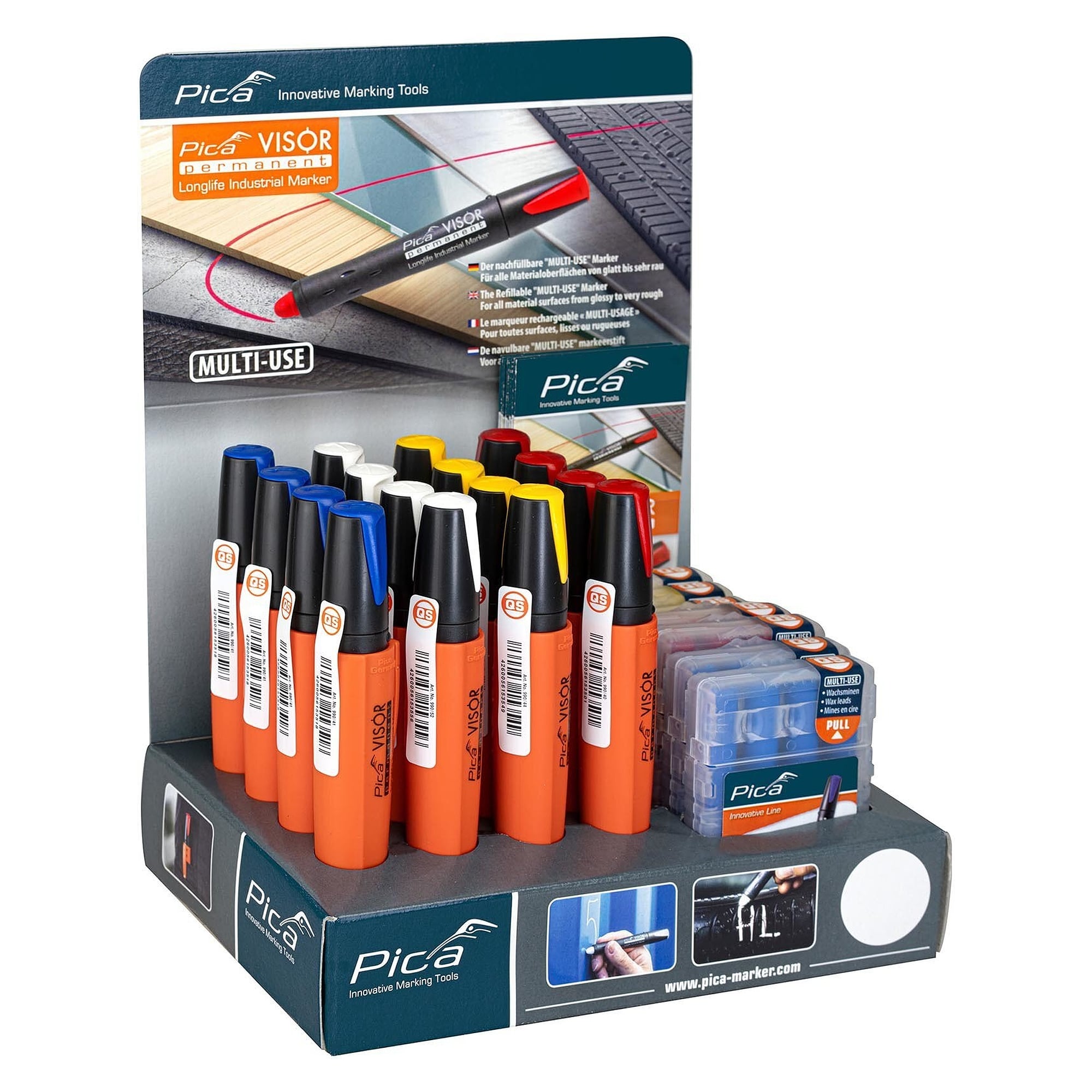 Thekendisplay VISOR permanent mit Markern in 4 Farben und Ersatzminen-Etuis - Pica 990/1