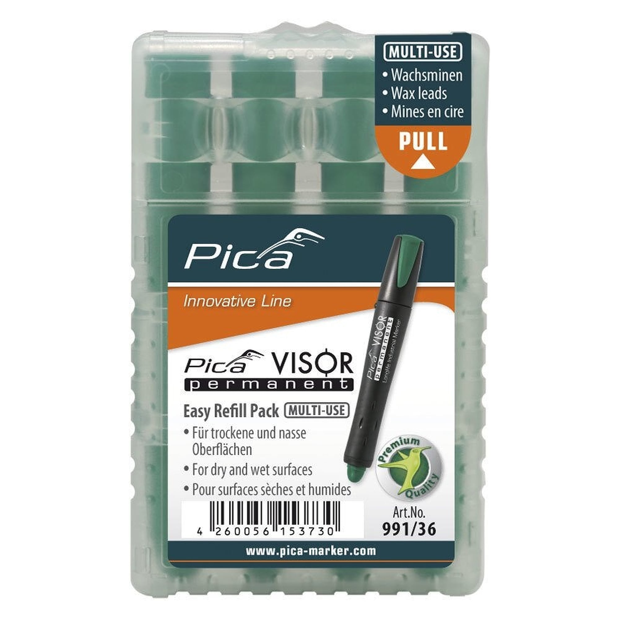 VISOR permanent refills green, 4 wax marking leads for wet and oily surfaces - Pica 991/36