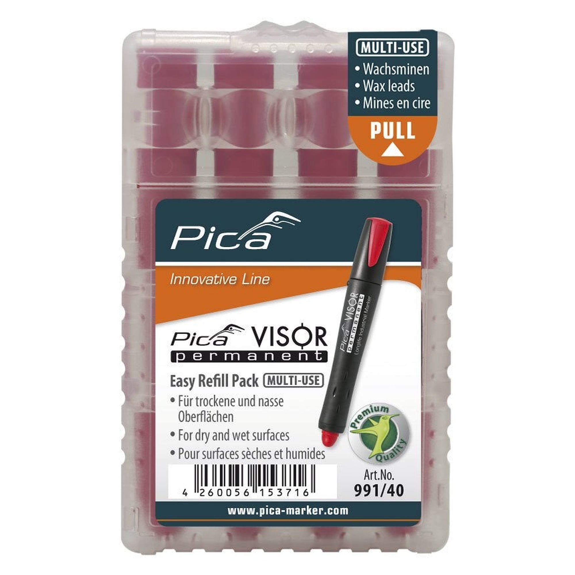VISOR permanent refills red, 4 wax marking leads for wet and oily surfaces - Pica 991/40