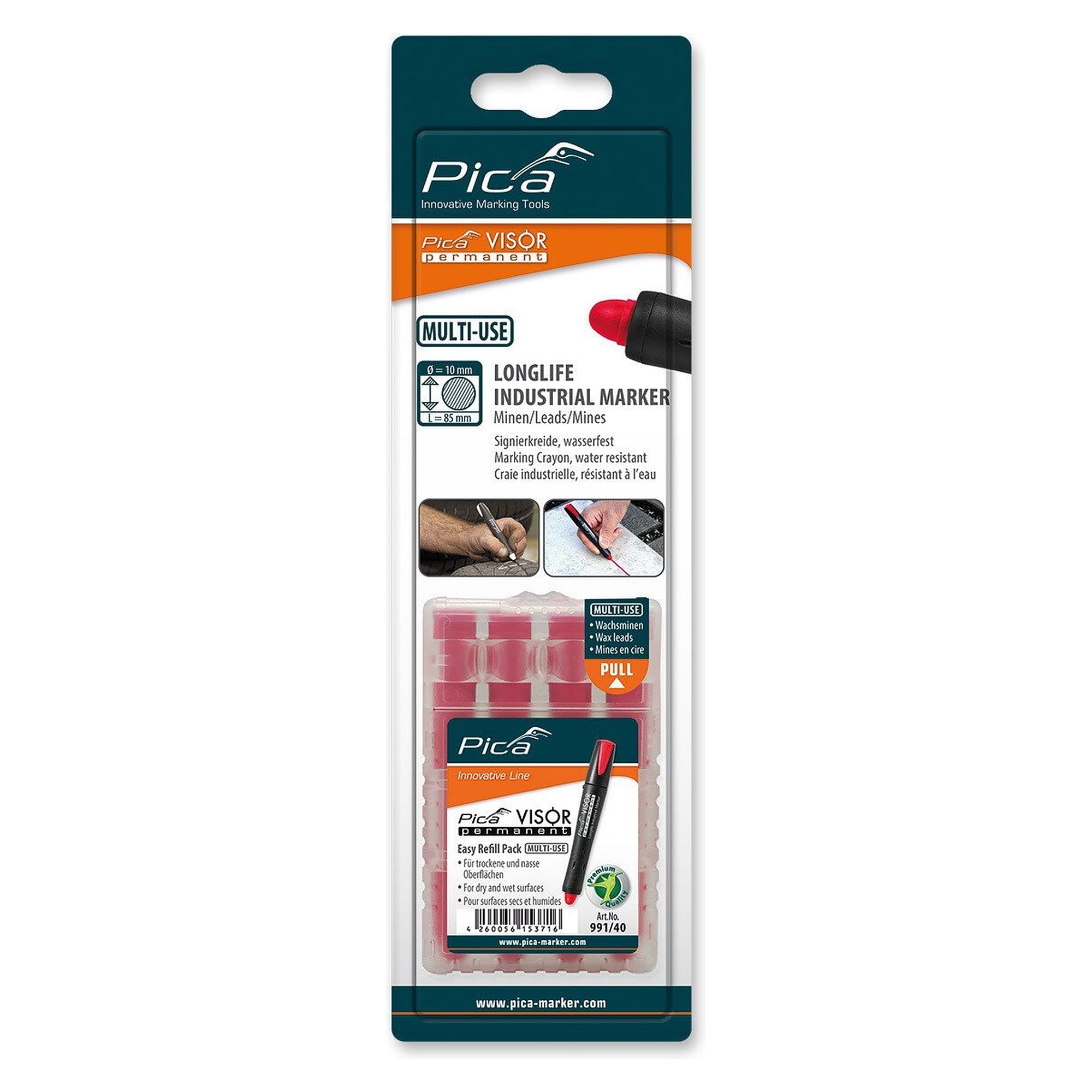 VISOR permanent refills red, 4 wax marking leads for wet and oily surfaces, blister pack - Pica 991/40/SB