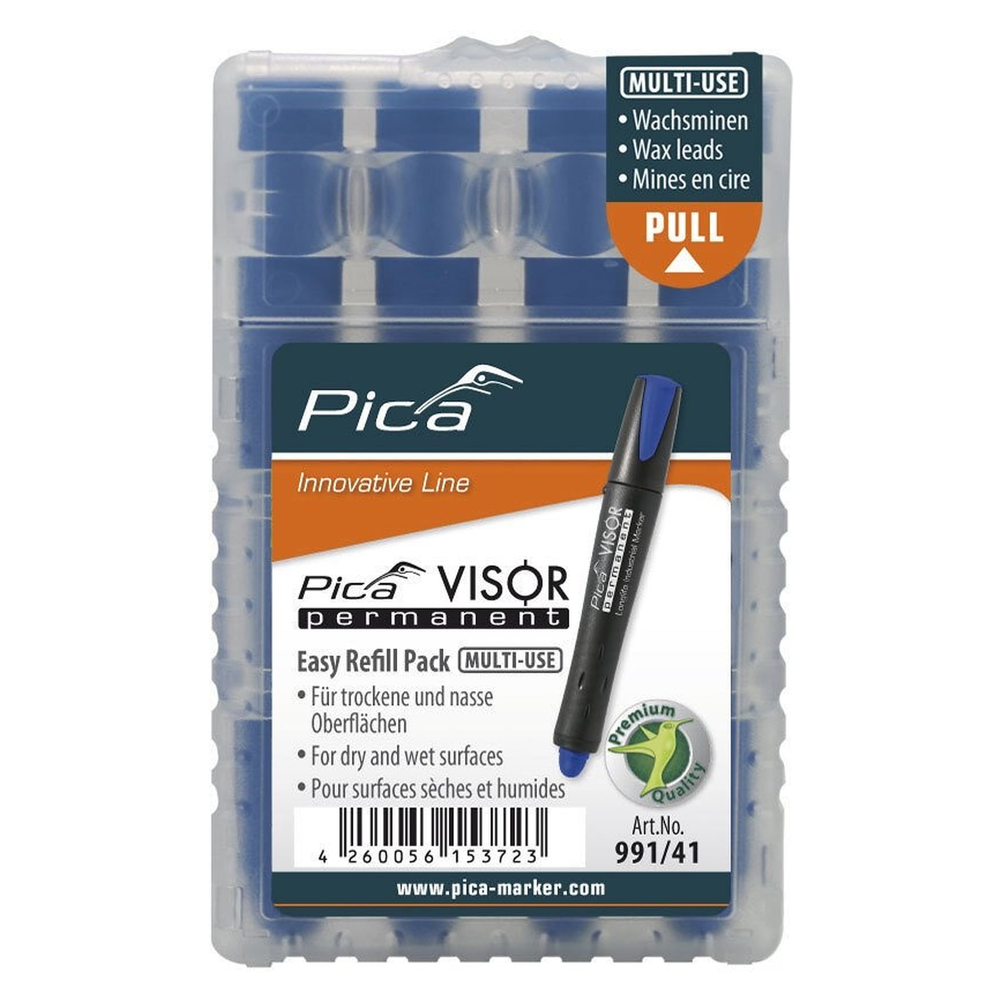 VISOR permanent refills blue, 4 wax marking leads for wet and oily surfaces - Pica 991/41