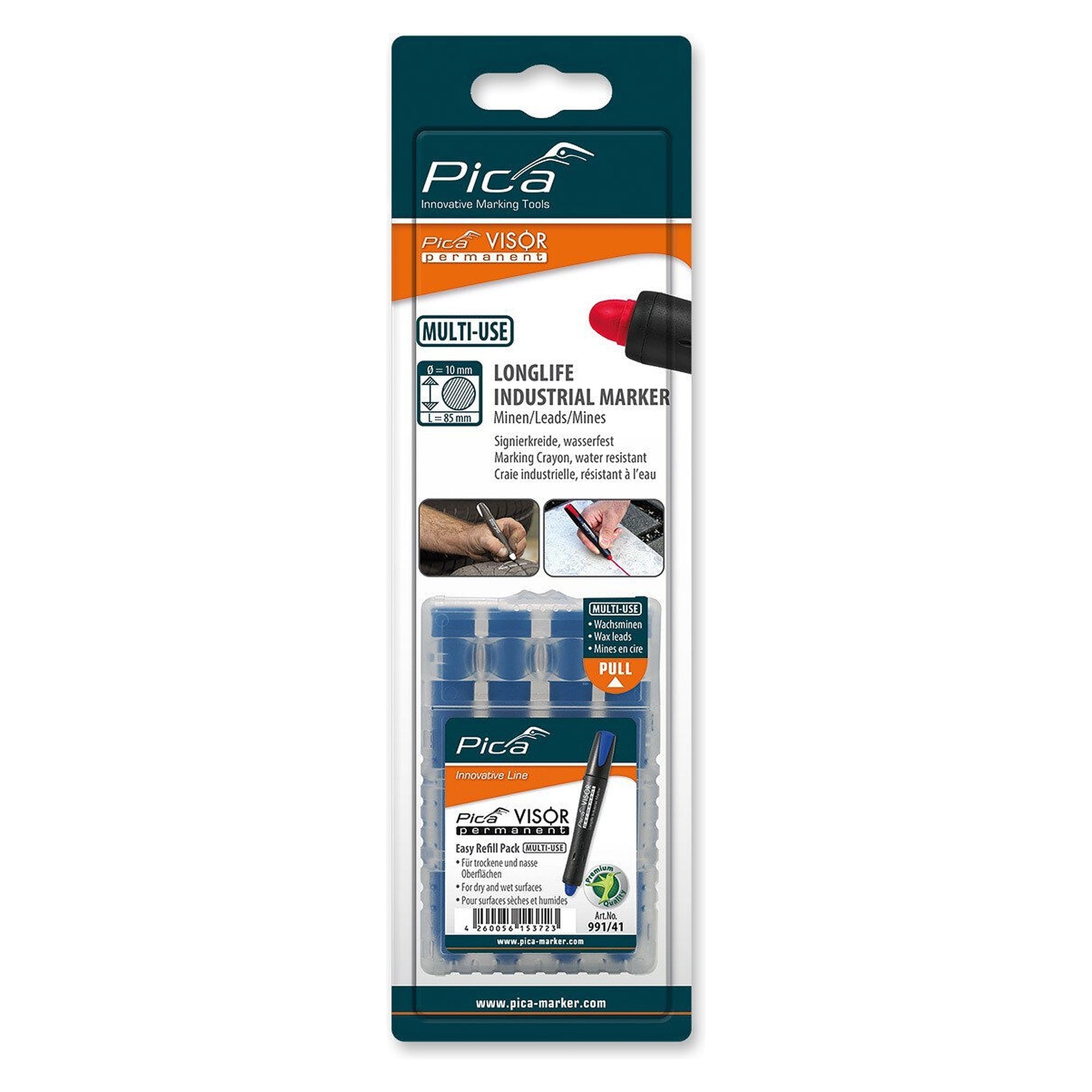 VISOR permanent refills blue, 4 wax marking leads for wet and oily surfaces, blister pack - Pica 991/41/SB