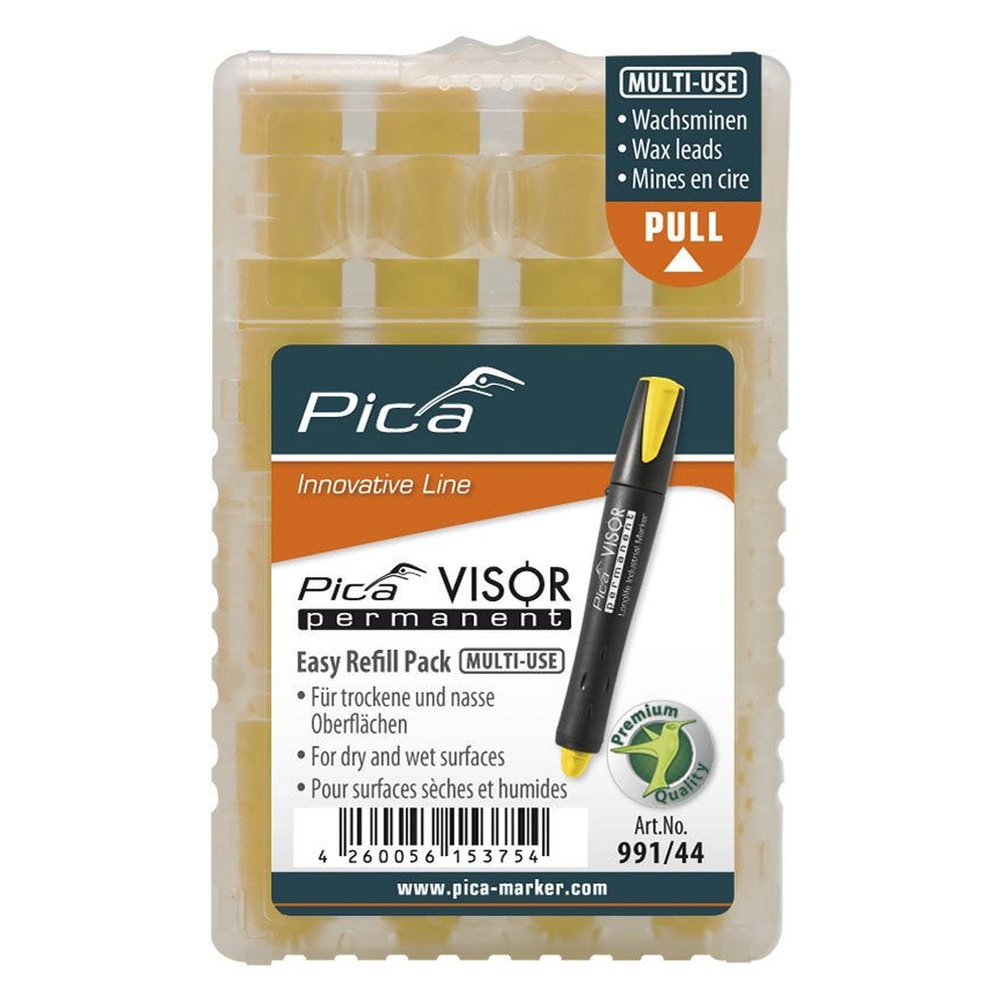 Ersatzminen VISOR permanent gelb, 4 Wachssignierminen für nasse und ölige Flächen - Pica 991/44