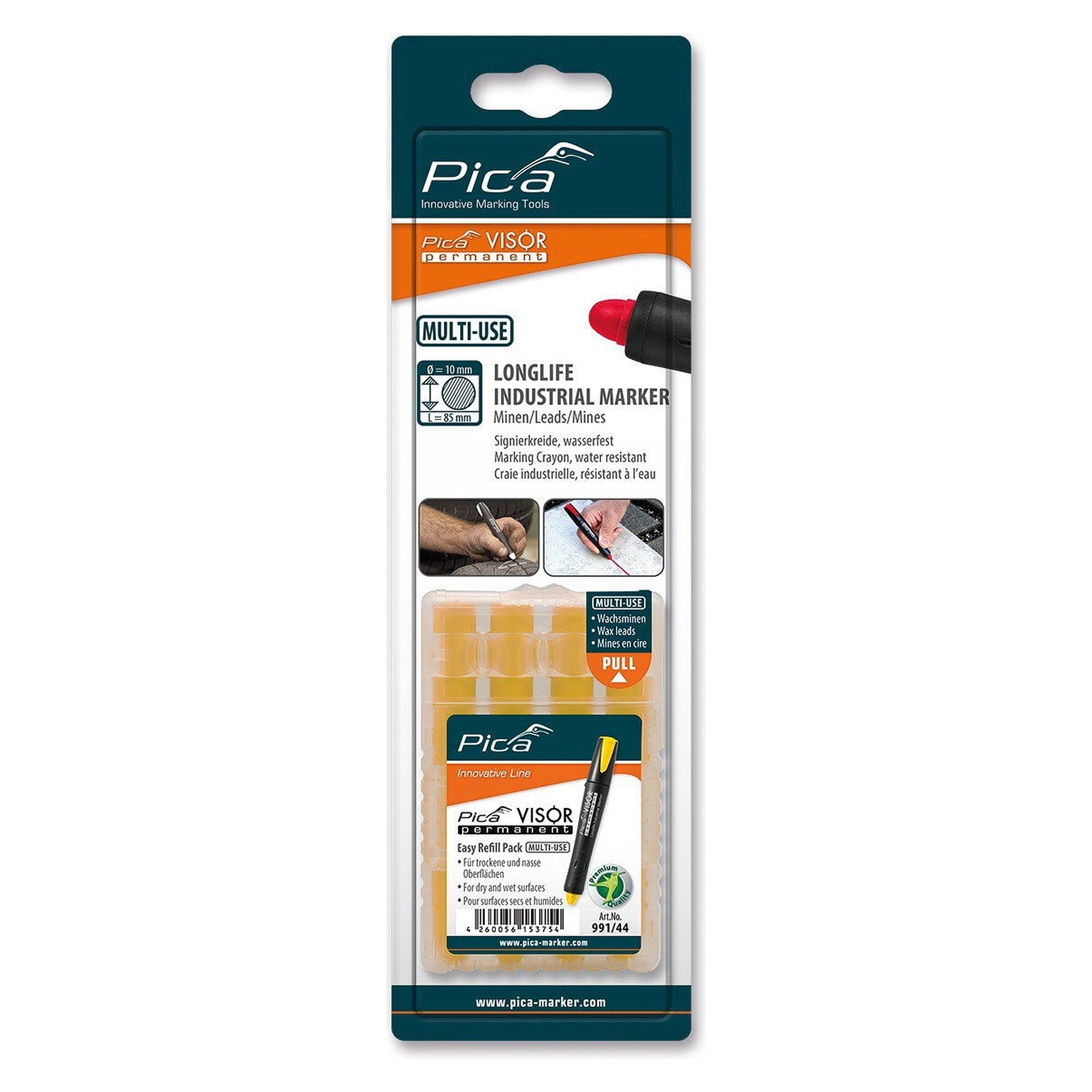 VISOR permanent refills yellow, 4 wax marking leads for wet and oily surfaces, blister pack - Pica 991/44/SB