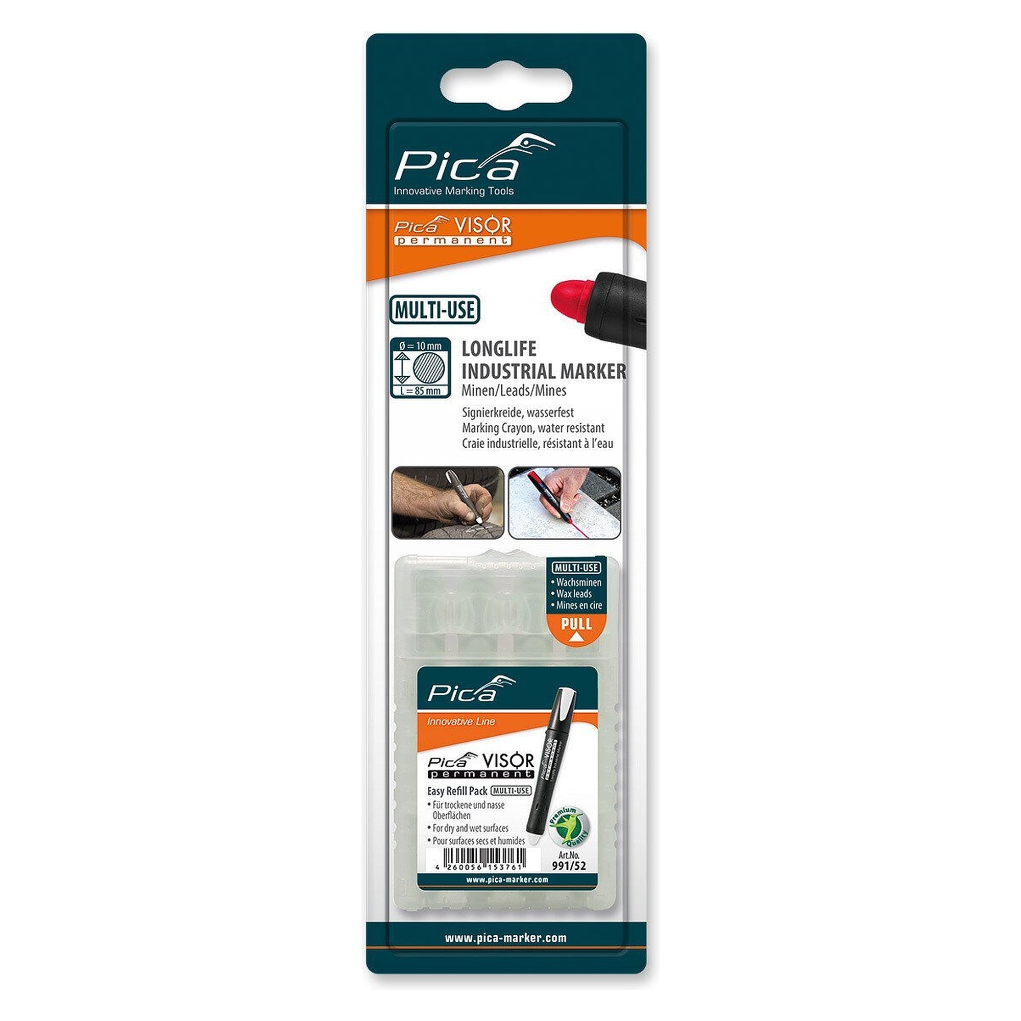 VISOR permanent refills white, 4 wax marking leads for wet and oily surfaces, blister pack - Pica 991/52/SB
