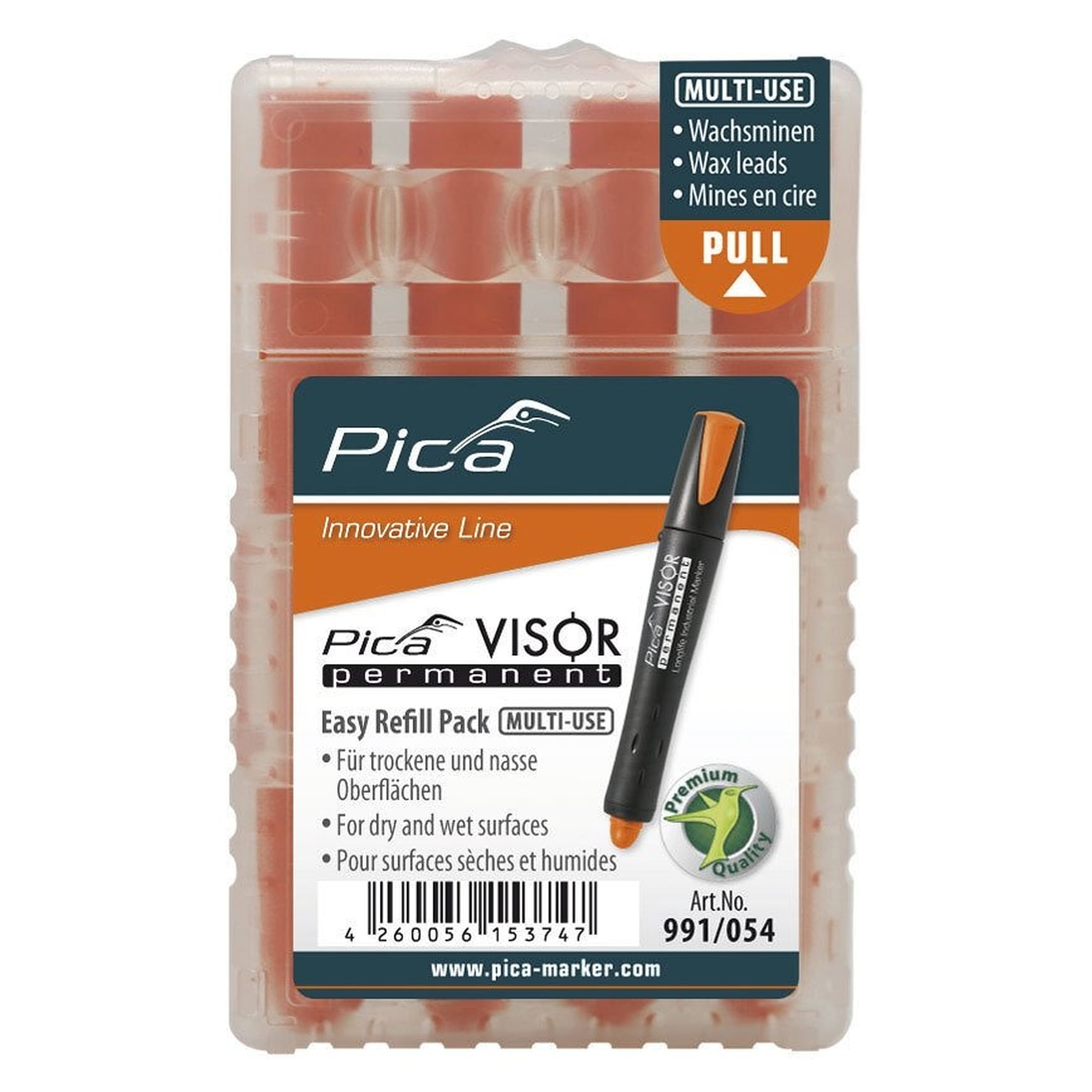 Ersatzminen VISOR permanent leuchtorange, 4 Wachssignierminen für nasse und ölige Flächen - Pica 991/054