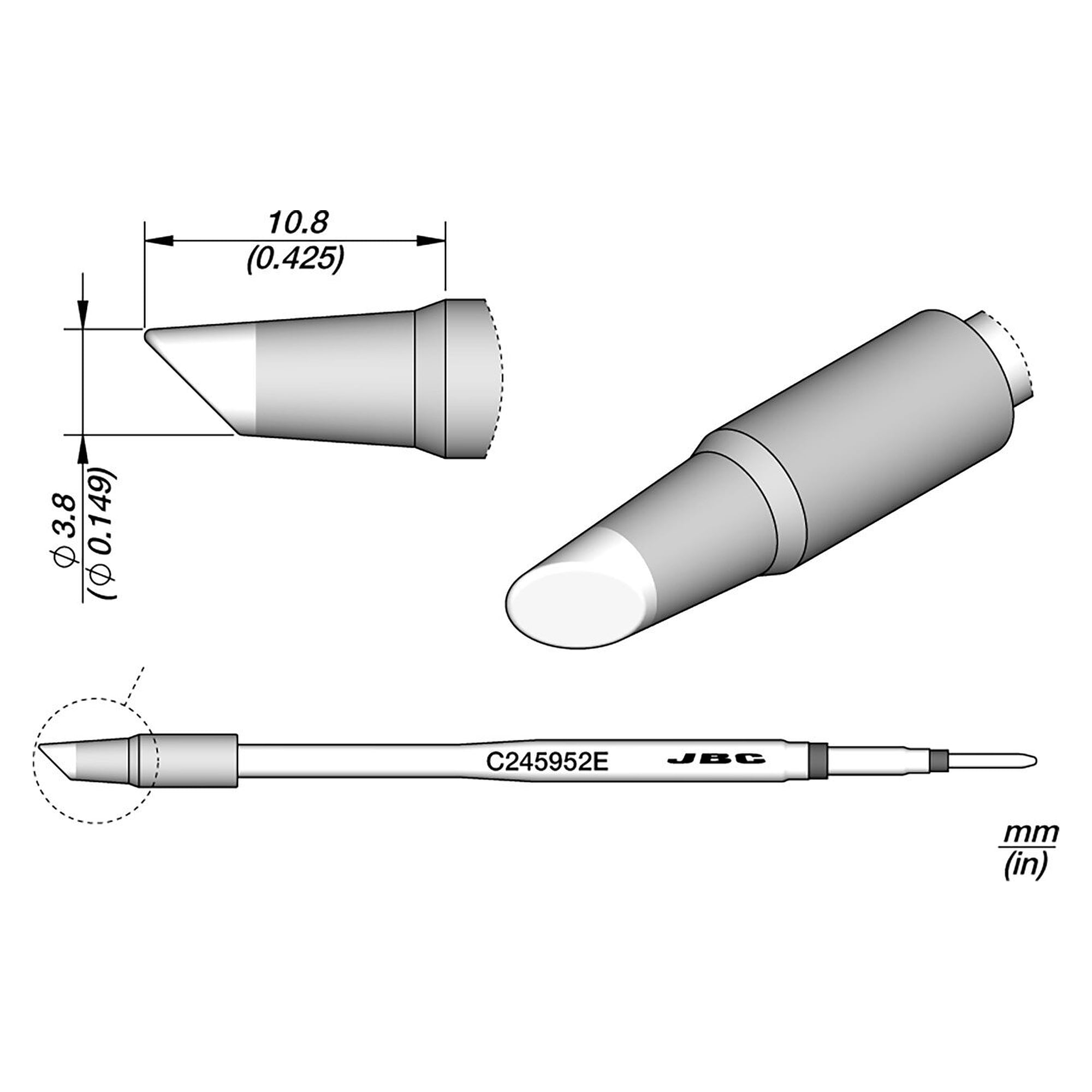 Soldering tip bevelled 3.8 mm with thicker iron layer for T245 - JBC C245952E