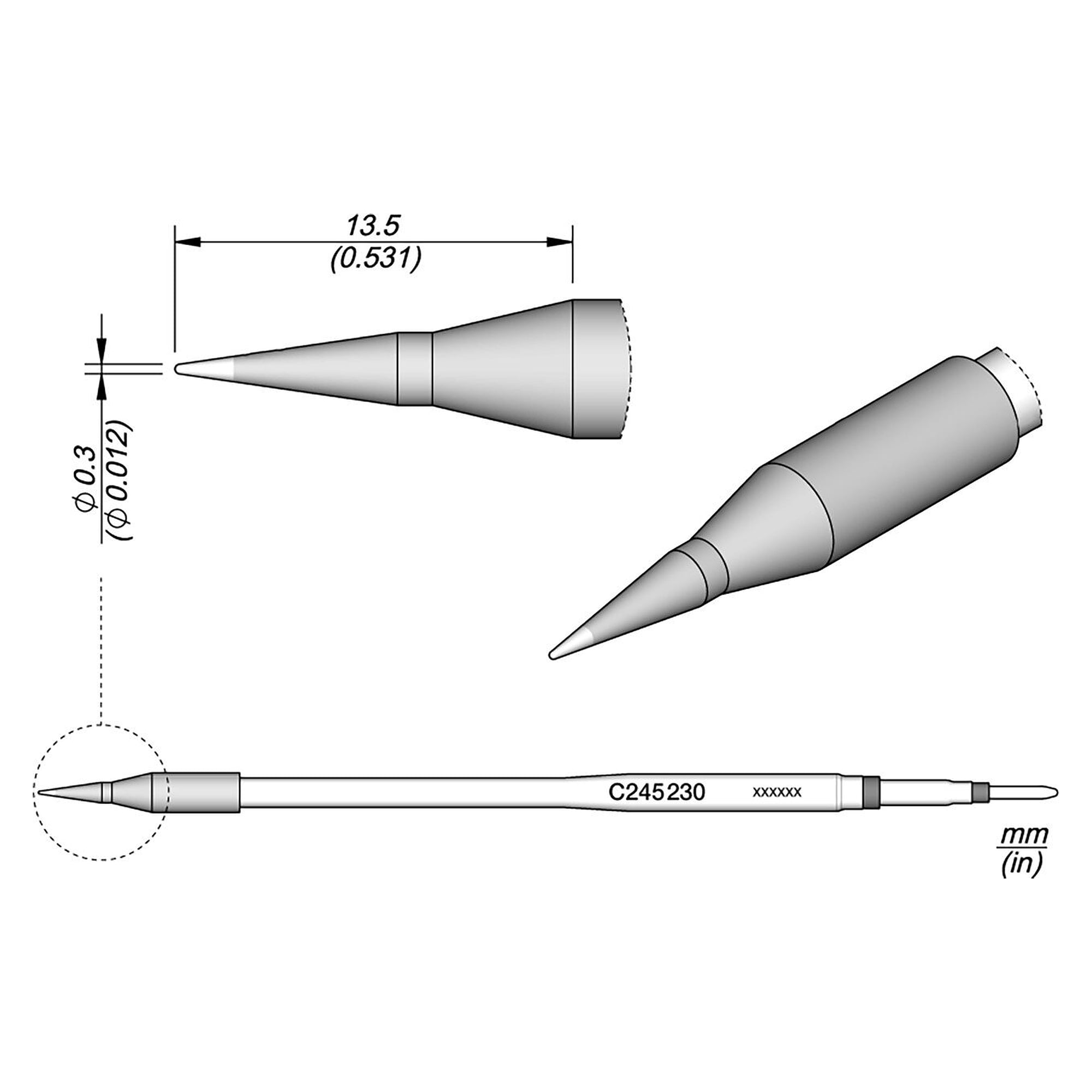 Panne à souder pointe crayon 0,3 mm, version longue, série C245 pour T245 - JBC C245230
