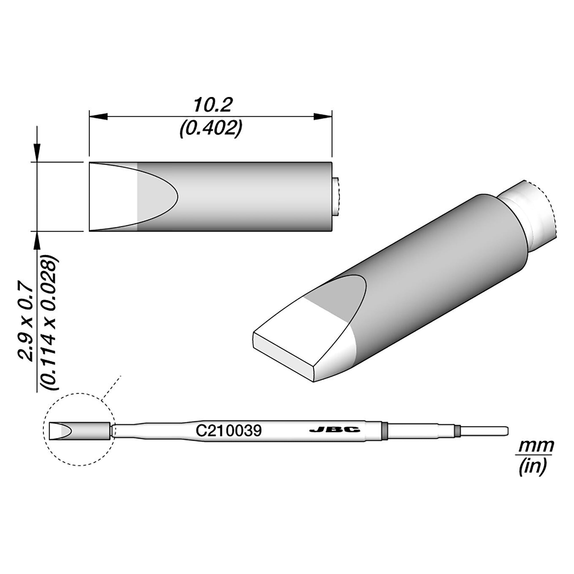 Panne à souder burin 2,9 x 0,7 mm, droite, série C210 pour fer T210 - JBC C210039