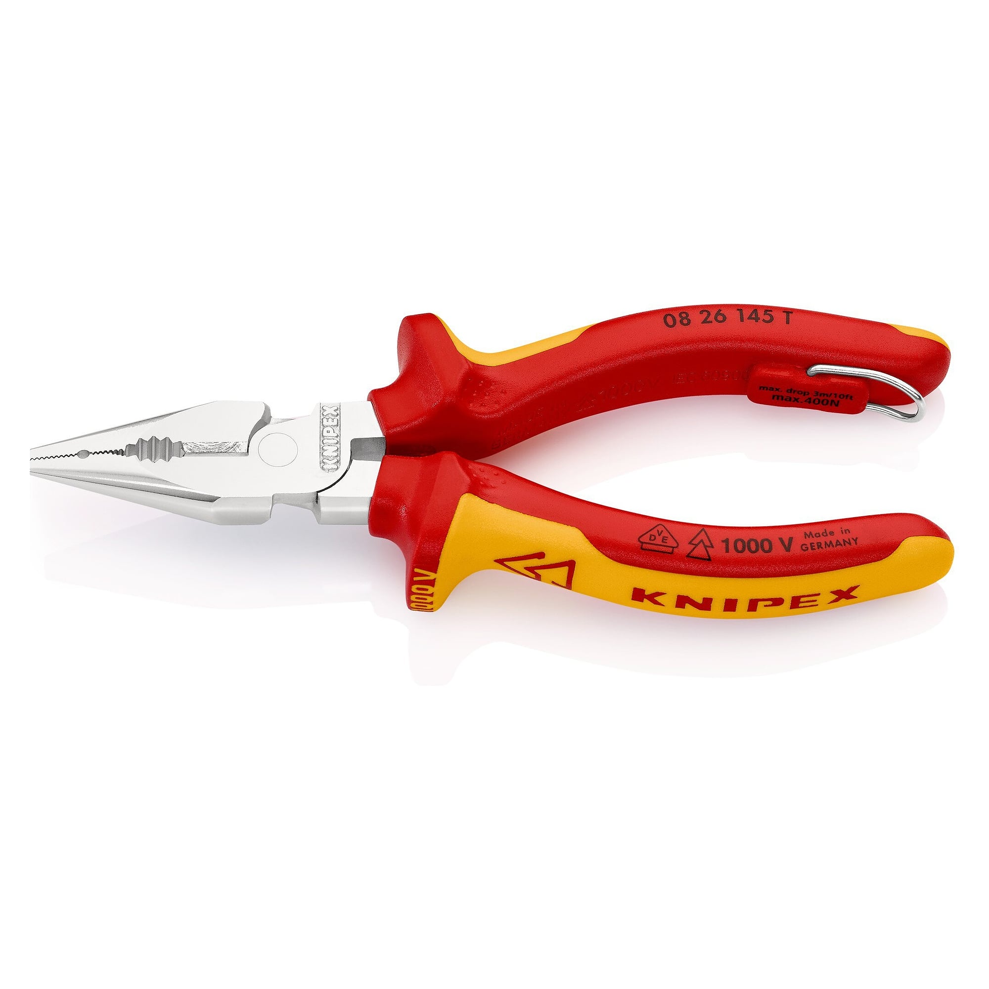 Pince universelle pointue isolée VDE avec œillet de fixation et gaines multicomposants, 145 mm - Knipex 08 26 145 T BK