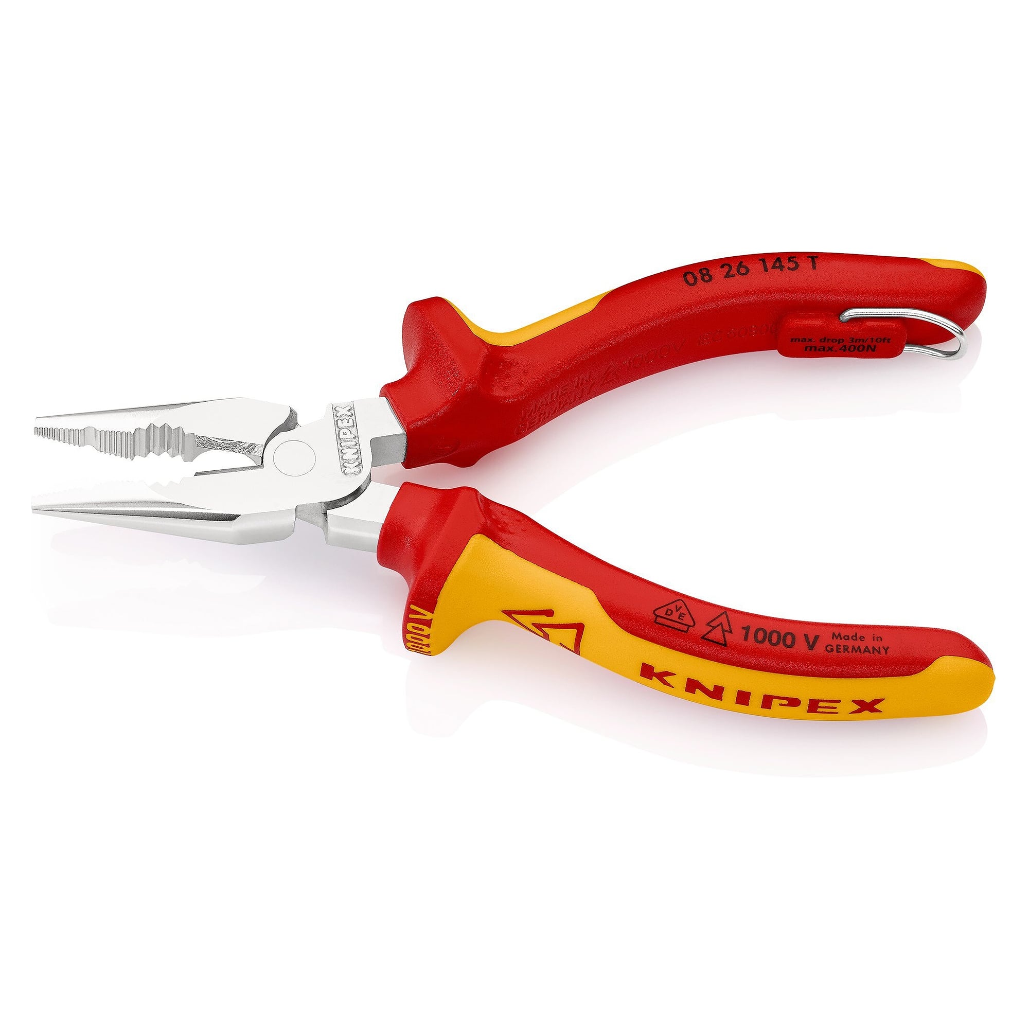 Pince universelle pointue isolée VDE avec œillet de fixation et gaines multicomposants, 145 mm - Knipex 08 26 145 T BK