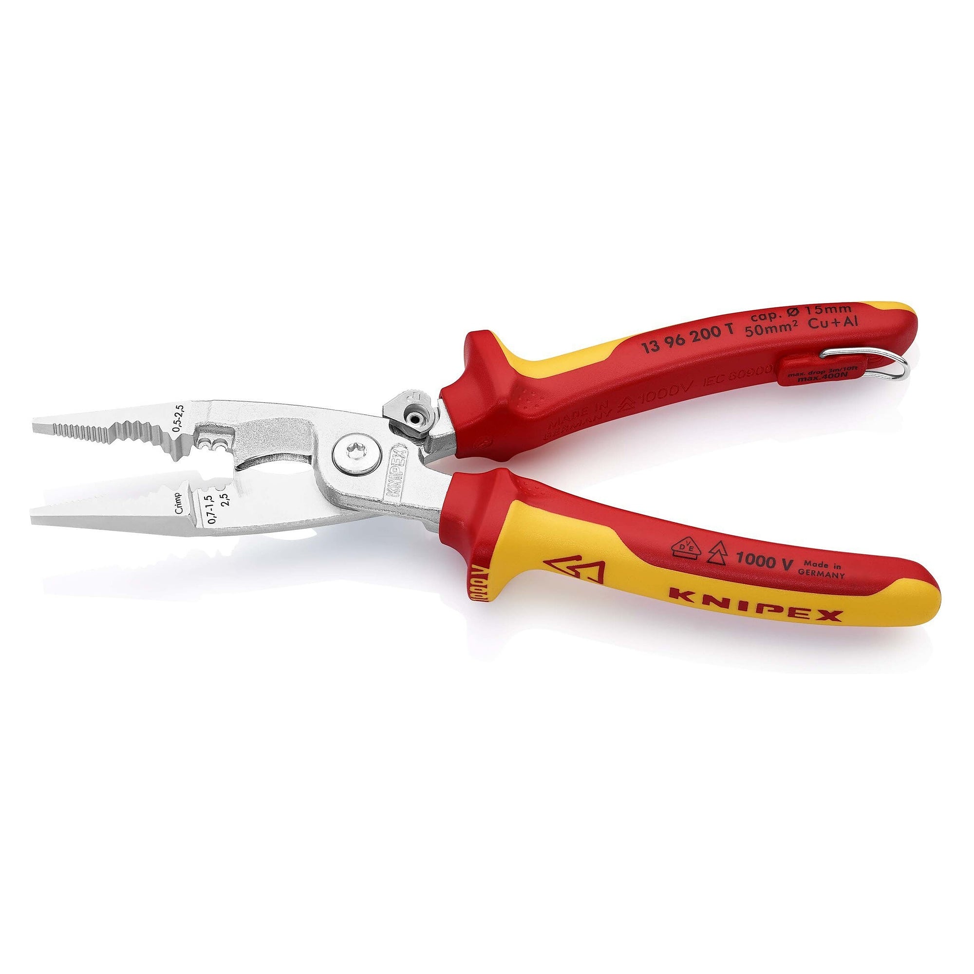 Electrical installation pliers, VDE insulated, with tethering eyelet for fall protection, 200 mm - Knipex 13 96 200 T BK