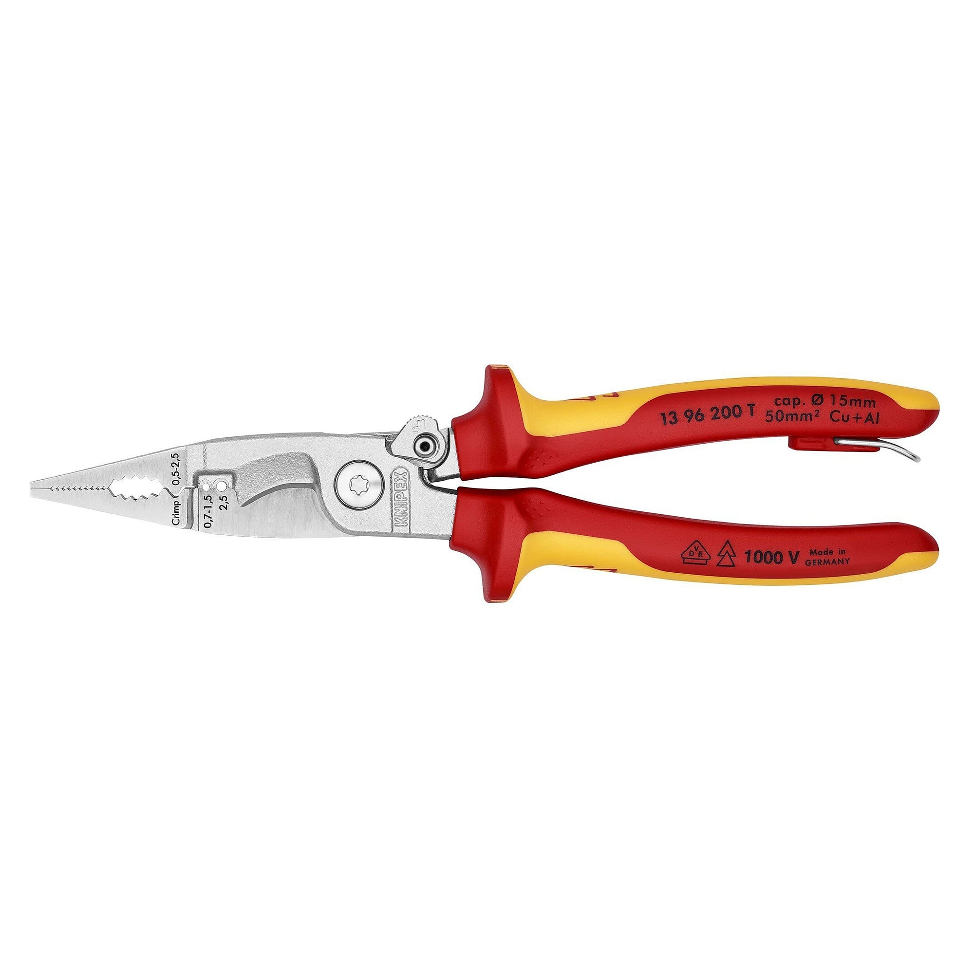 Electrical installation pliers, VDE insulated, with tethering eyelet for fall protection, 200 mm - Knipex 13 96 200 T BK
