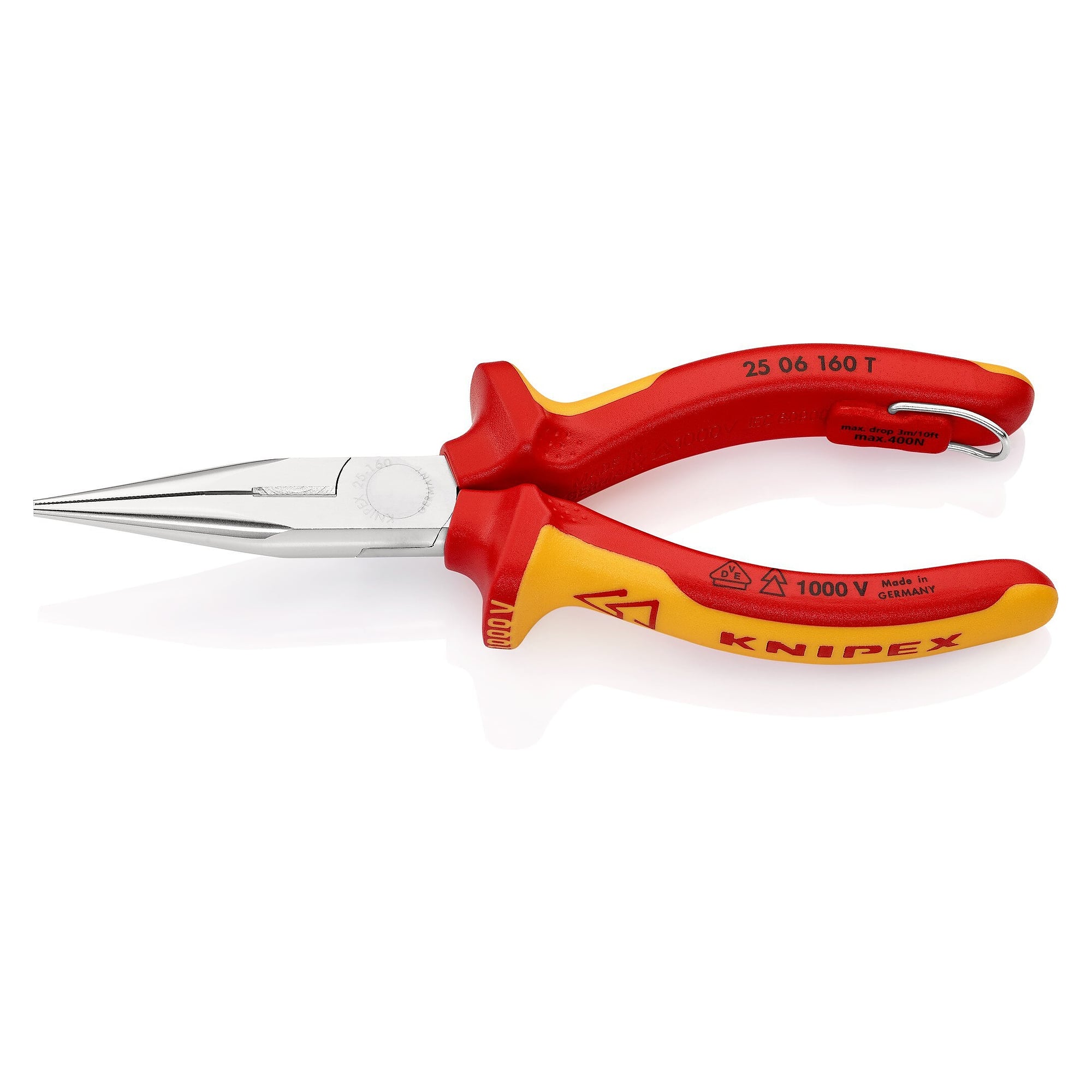 Flat round nose pliers with cutter (radio pliers), VDE insulated, tether eyelet, 160 mm - Knipex 25 06 160 T BK