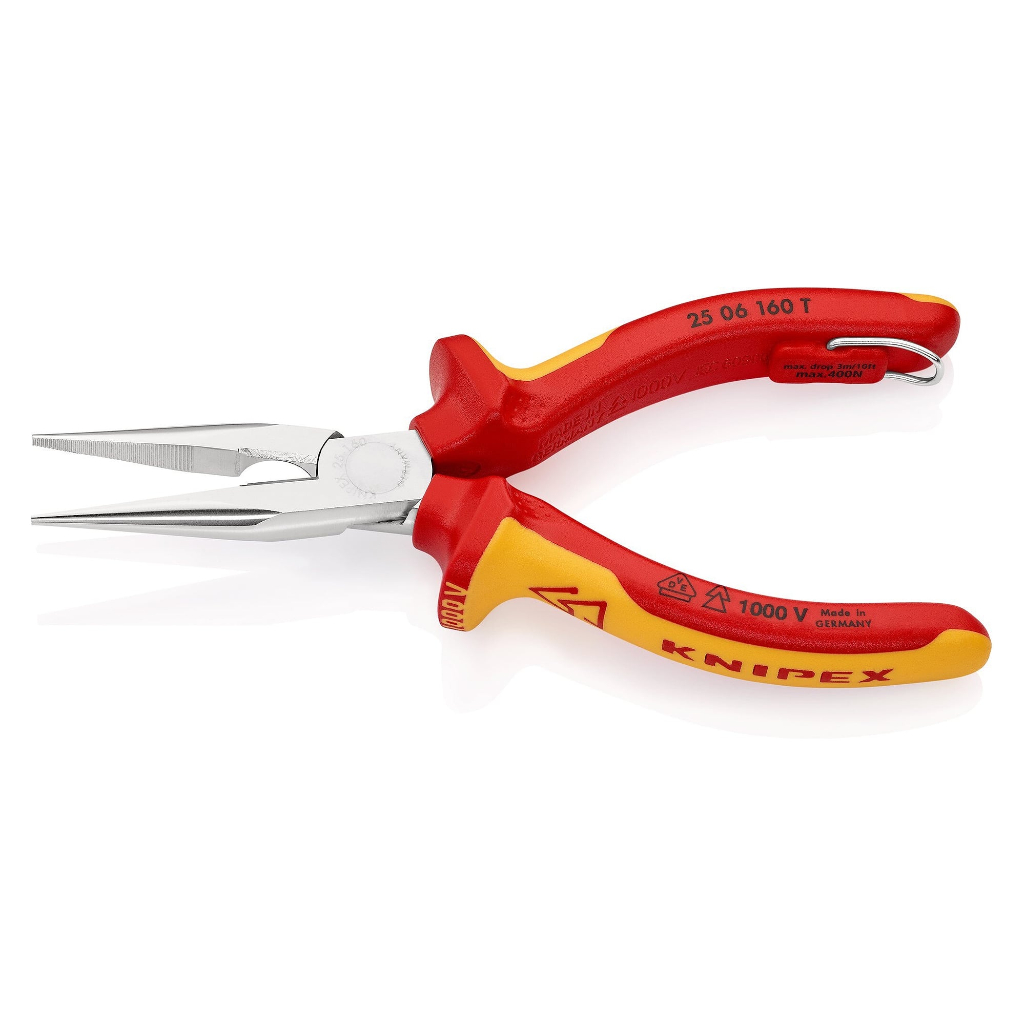 Flachrundzange mit Schneide (Radiozange), VDE-isoliert, Befestigungsöse, 160 mm - Knipex 25 06 160 T BK