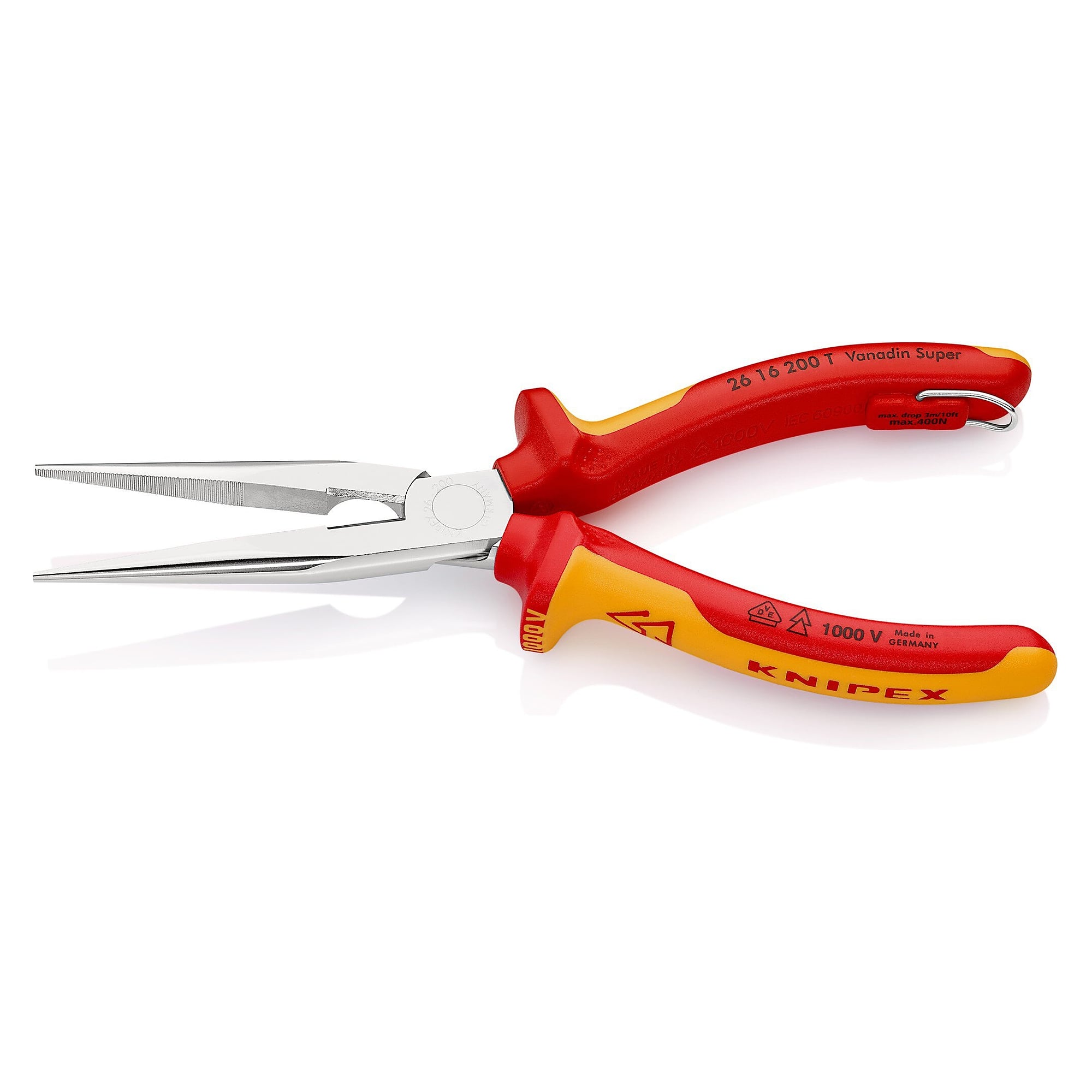 Pince à bec plat-rond avec tranchant (bec de cigogne), isolée VDE, œillet, 200 mm - Knipex 26 16 200 T BK