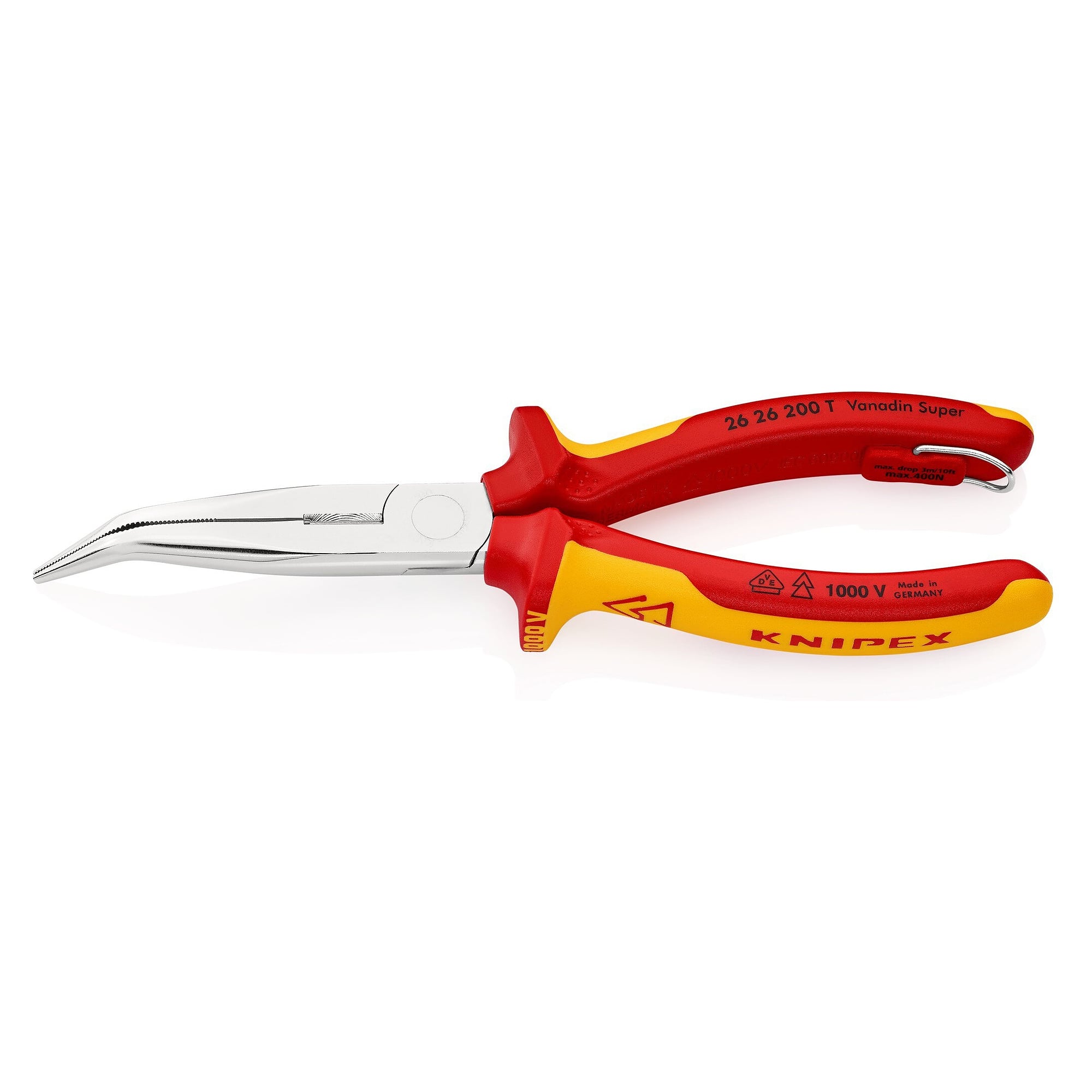 Pince bec de cigogne coudée à 40°, isolée VDE, œillet de fixation, avec tranchant, 200 mm - Knipex 26 26 200 T BK