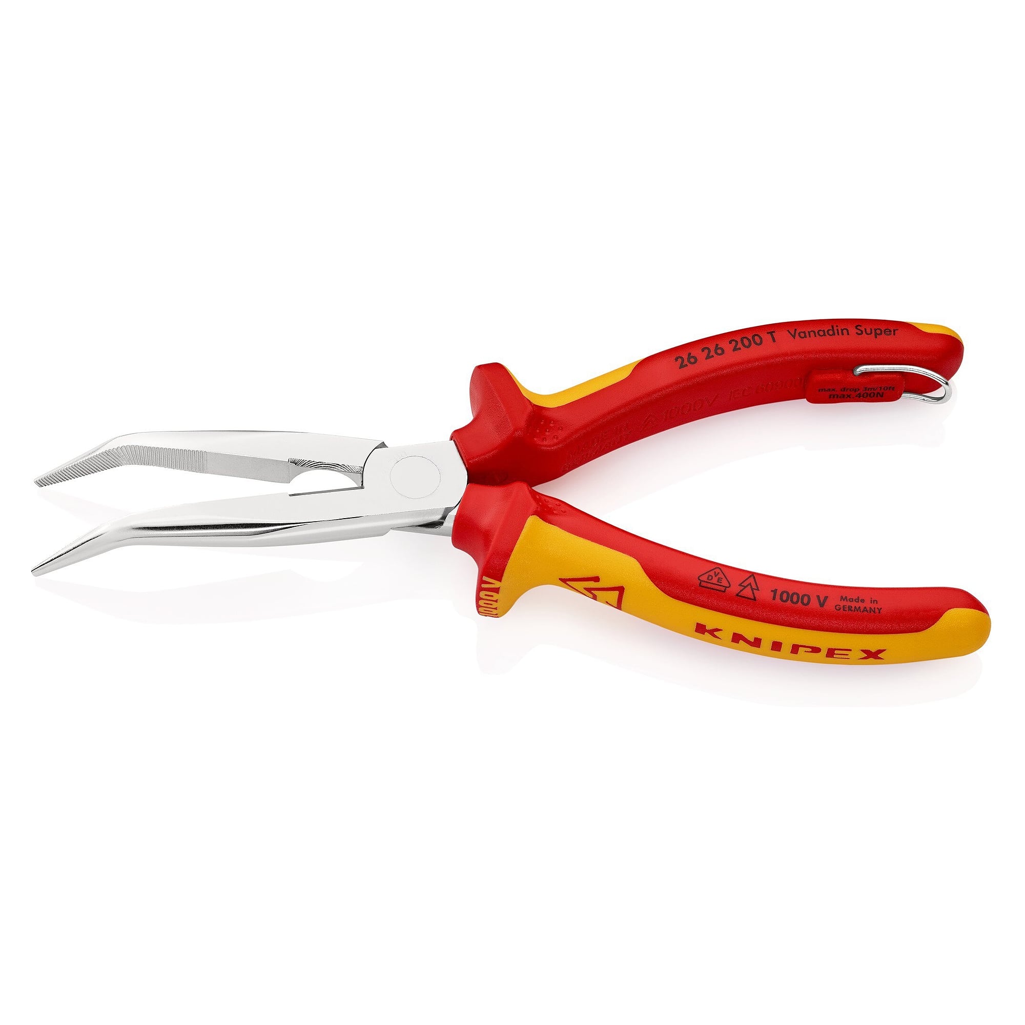 Stork beak pliers angled 40°, VDE insulated, tether eyelet, with cutter, 200 mm - Knipex 26 26 200 T BK