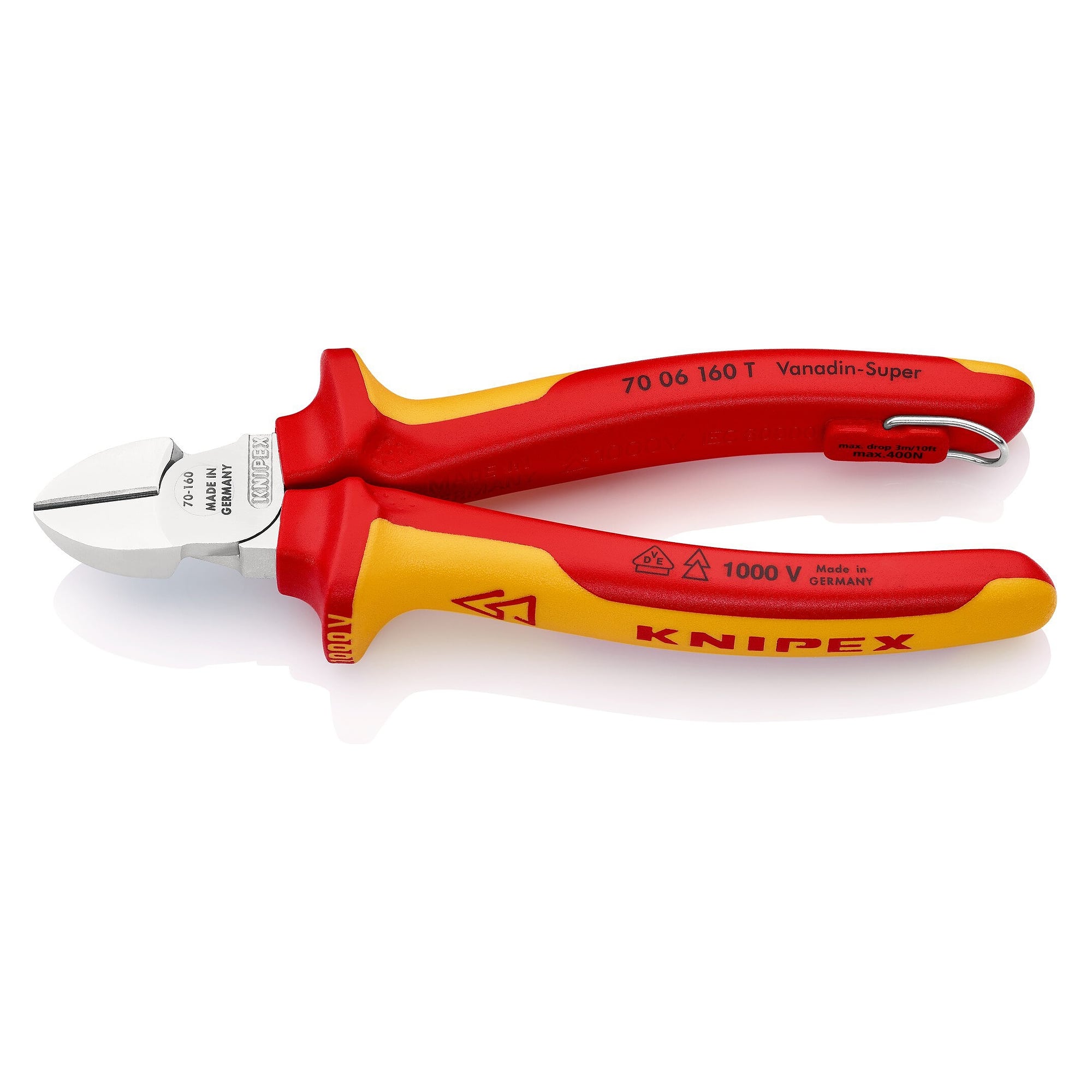 Diagonal cutter VDE insulated with tether eyelet for fall protection, chrome-plated, 160 mm - Knipex 70 06 160 T BK